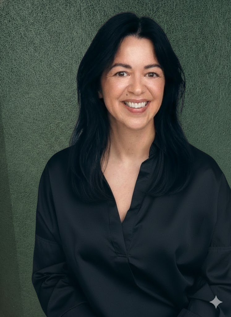 A woman with black hair smiling, wearing a black blouse, standing against a green textured background.