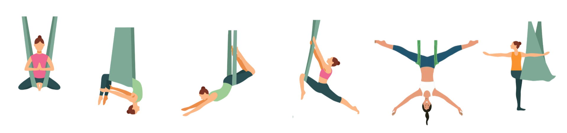 femmes pratiquant le yoga'érien dans différentes positions acrobatiques.