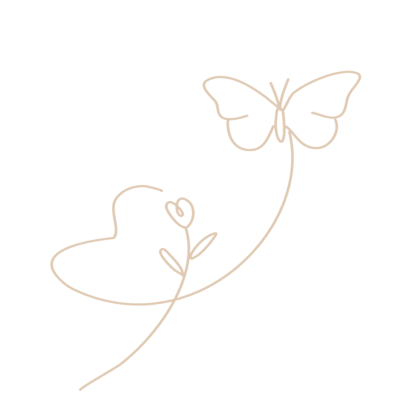 Dessin minimaliste d'un papillon et d'une fleur, réalisés avec une seule ligne continue de couleur beige sur fond noir.