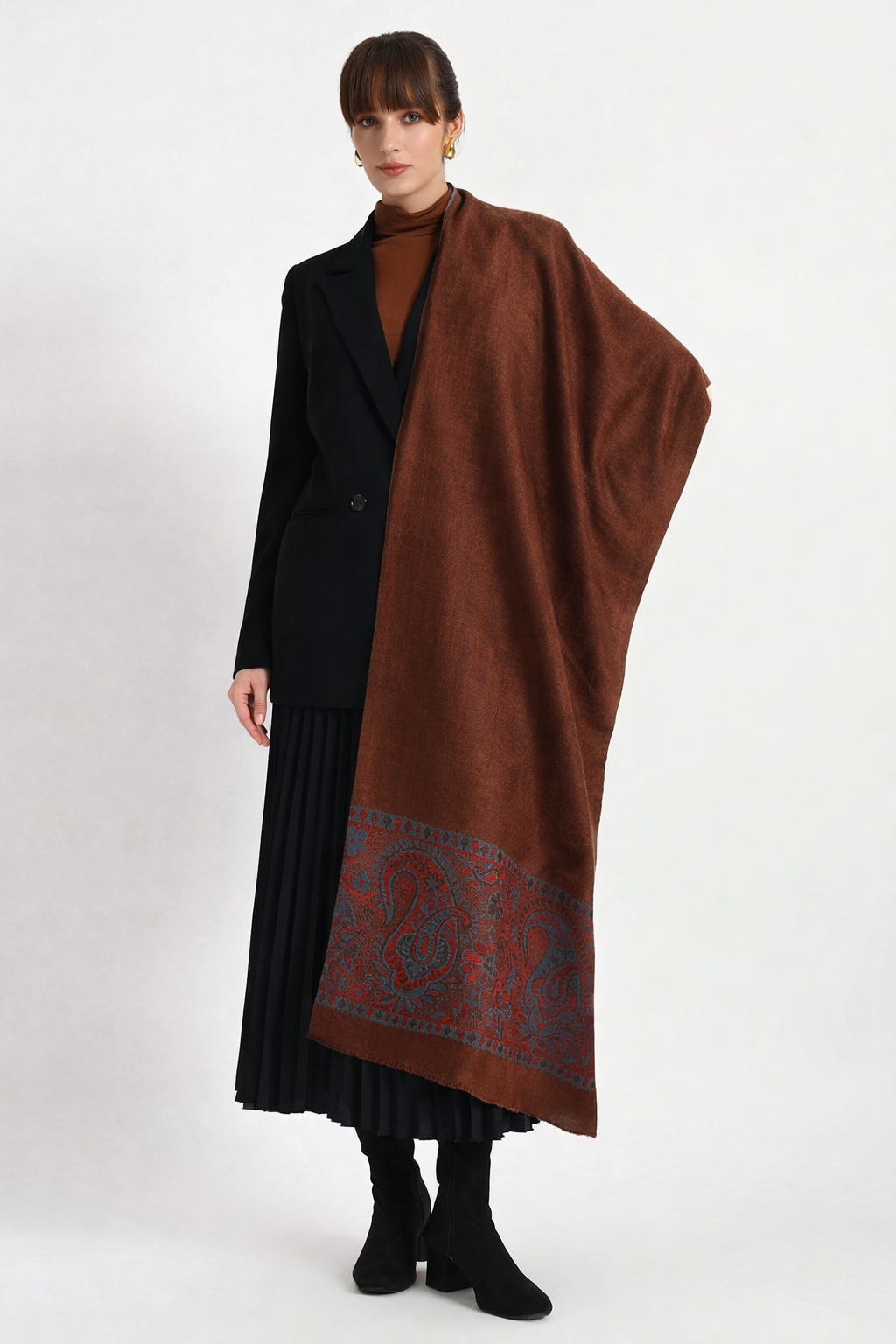 Luxury Paisley Shawl – Olive Brown with Petrol & Rust Accents | Elegant Heritage Design