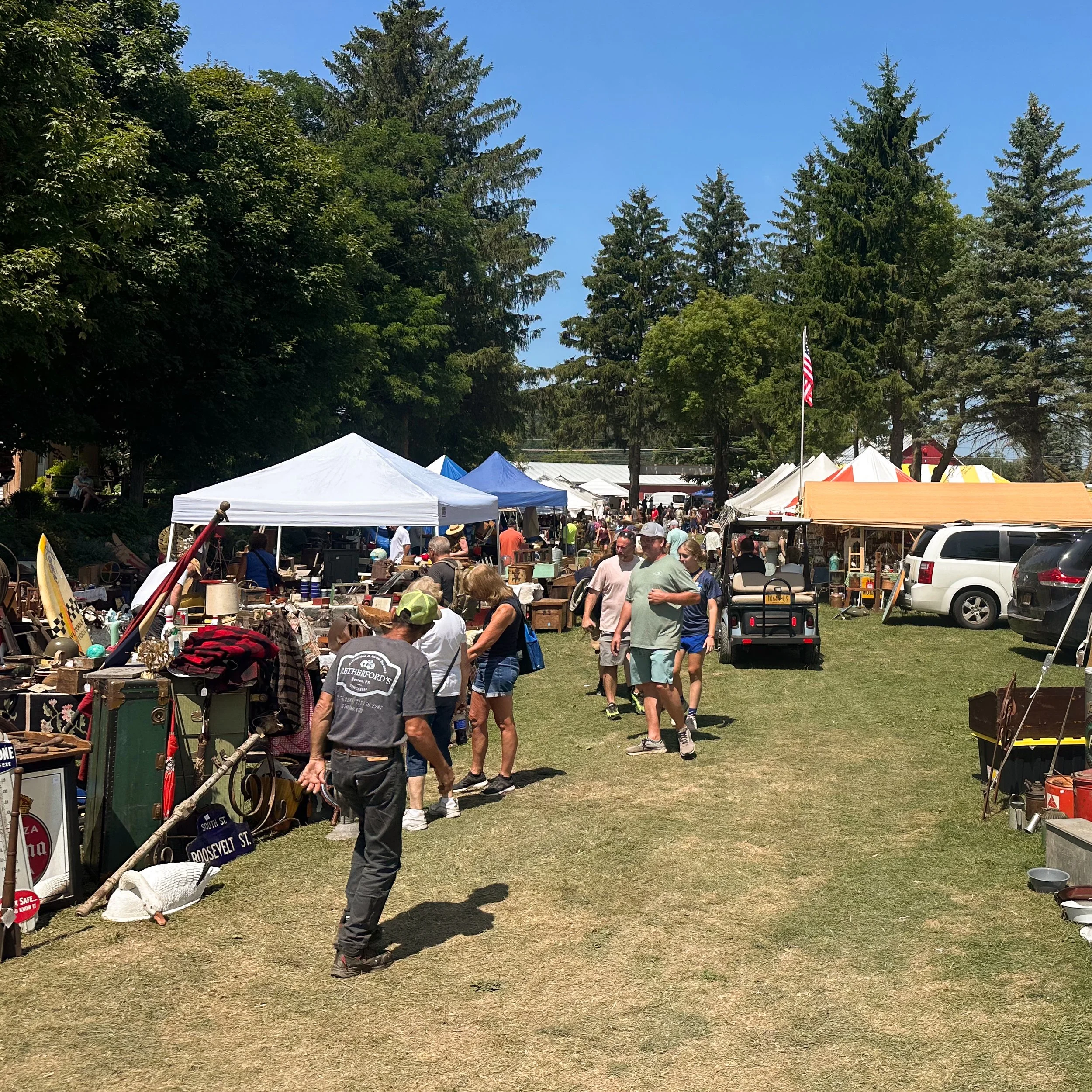 People browsing at an outdoor flea market under a clear blue sky, with vendor tents and tables displaying various items for sale, surrounded by tall trees.