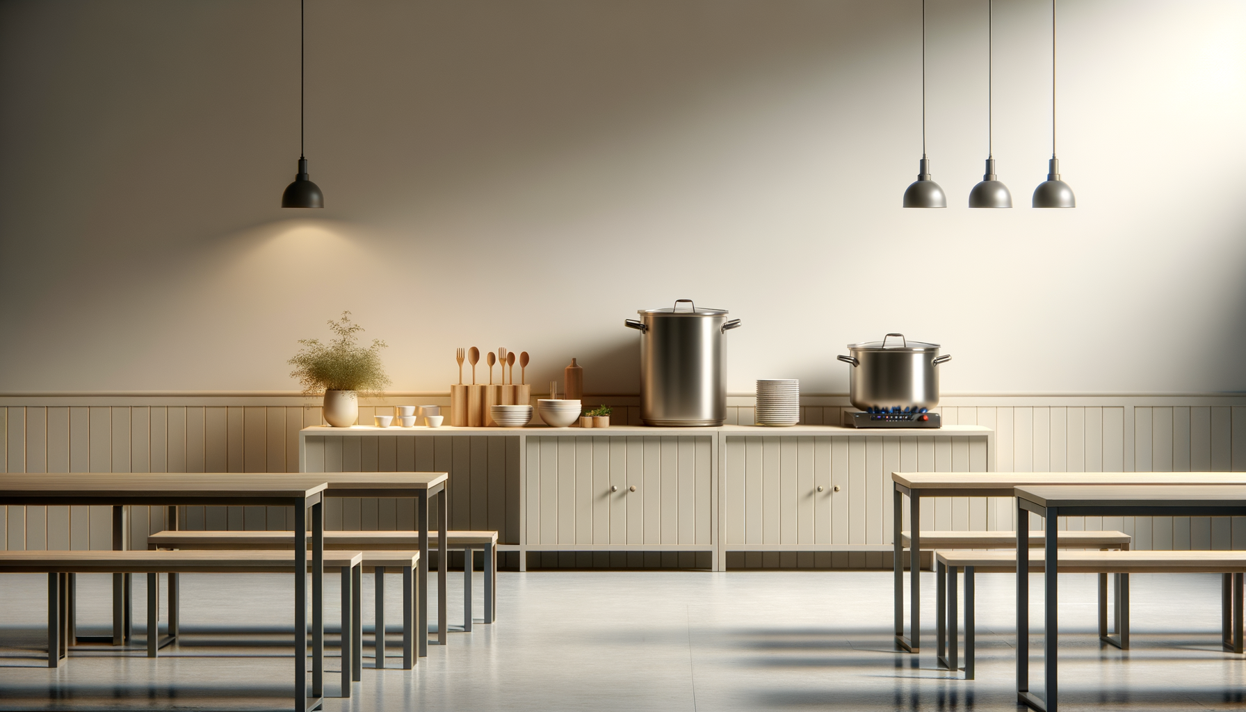 A minimalist communal kitchen area with a long white counter, two large metal pots, a set of bowls, cups, and utensils, and a potted plant. Four black hanging pendant lights illuminate the space, and there are two wooden benches and tables in the foreground.