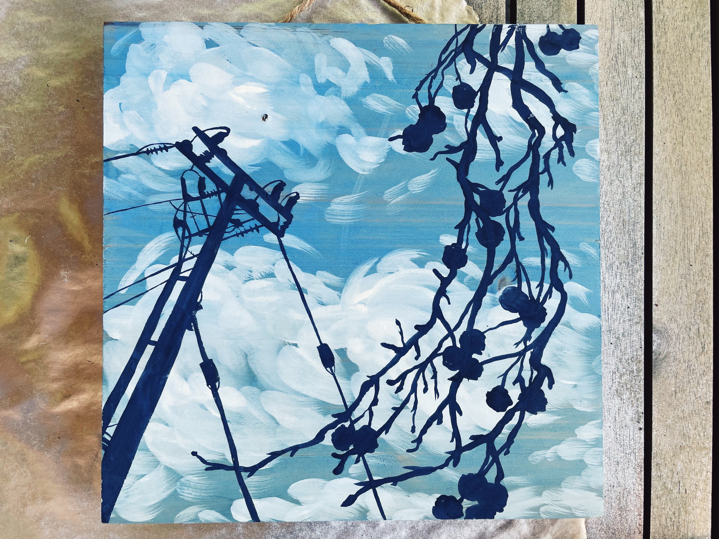 Painting of powerlines and tree branches in front of a cloudy sky