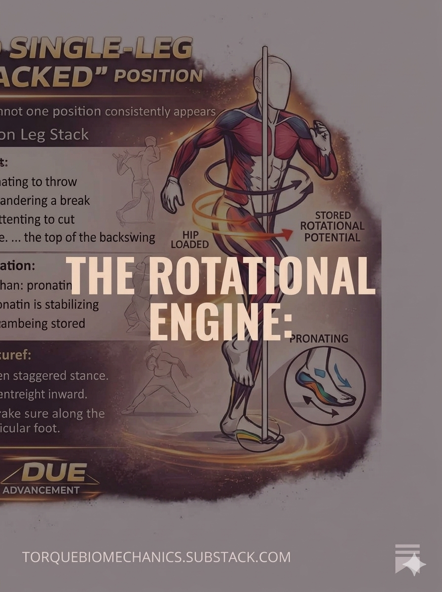 Illustration of the rotational engine, showing a human body with arrows indicating hip rotation, pronating foot, and labeled hip loaded, stored rotational potential, and pronating foot.