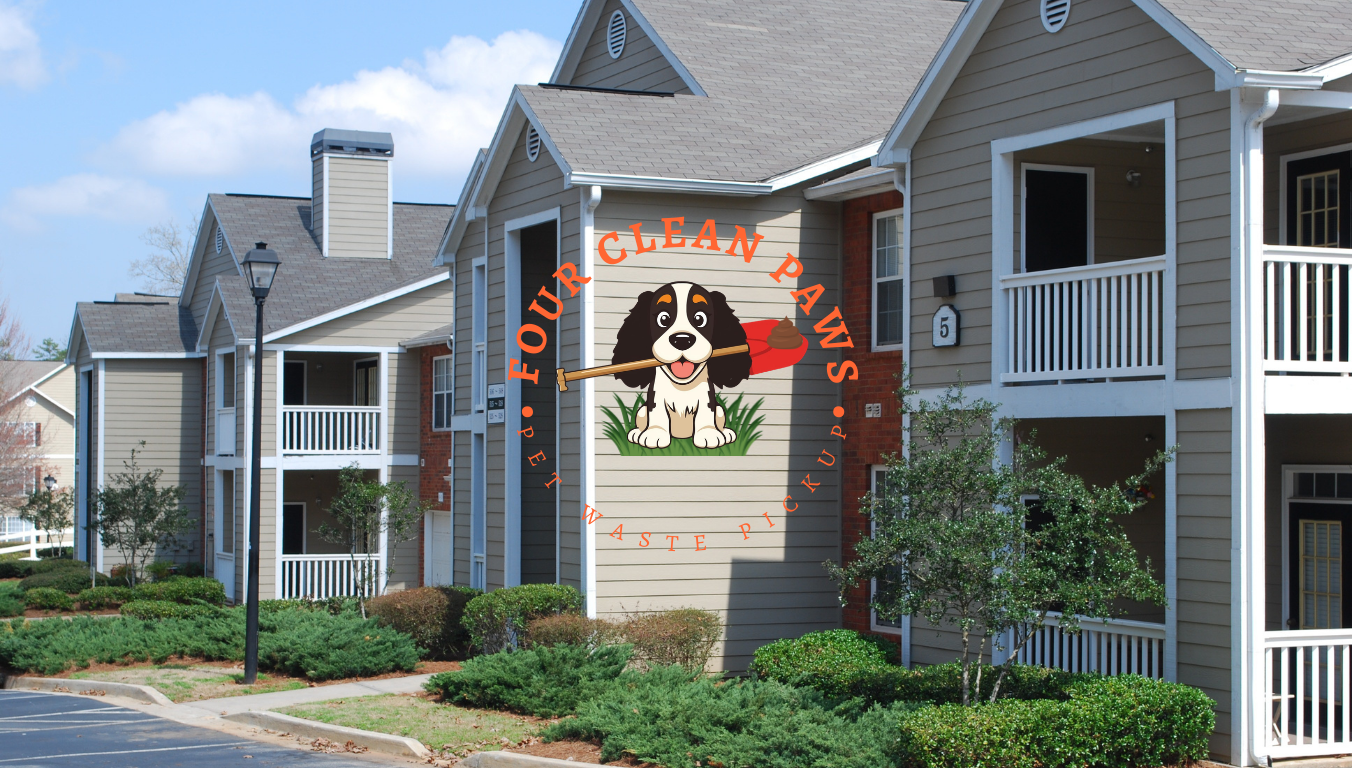 A residential And commercial apartment , with text saying 'Four clean Paws' and 'Pet Waste Pickup'.