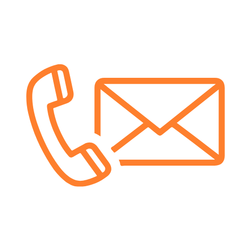 Orange phone receiver and envelope icons on a black background.