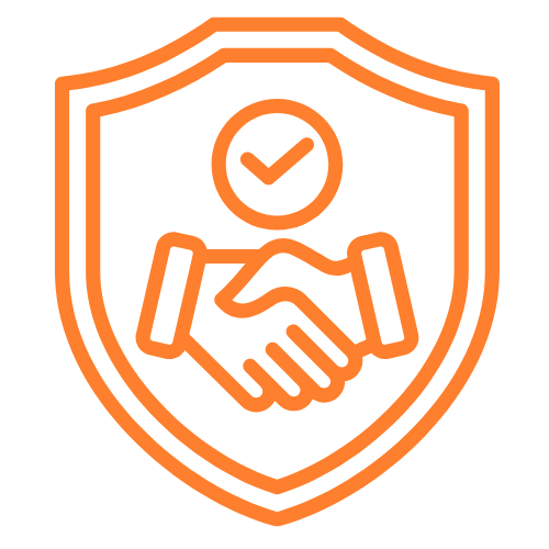 An orange outline of a shield with a checkmark at the top and a handshake in the center.