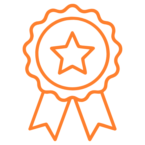 Outline of an award ribbon with a star in the center, all in orange.