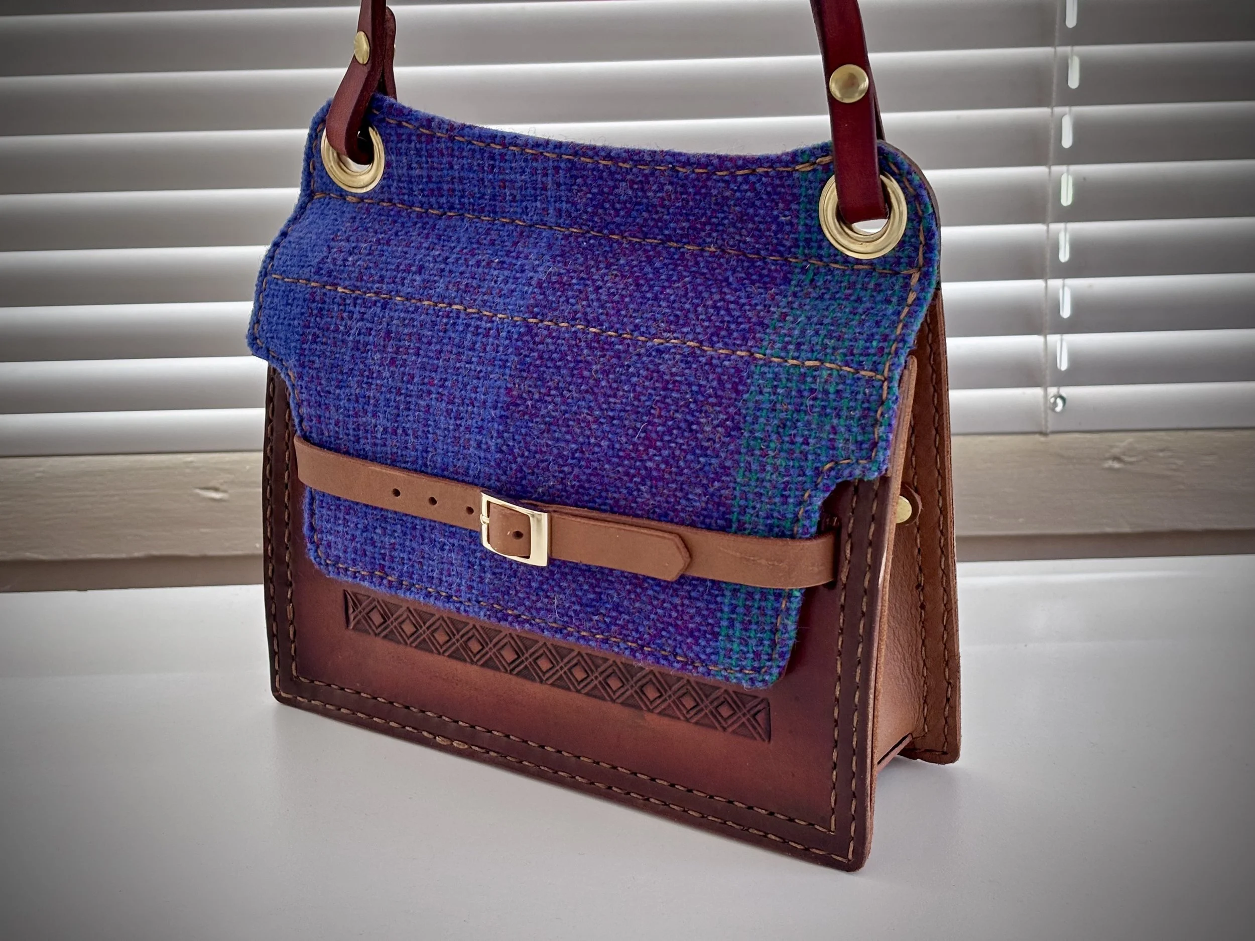 One of my favourites, a simple box style purse utilising upcycled woven fabric from an old cloak