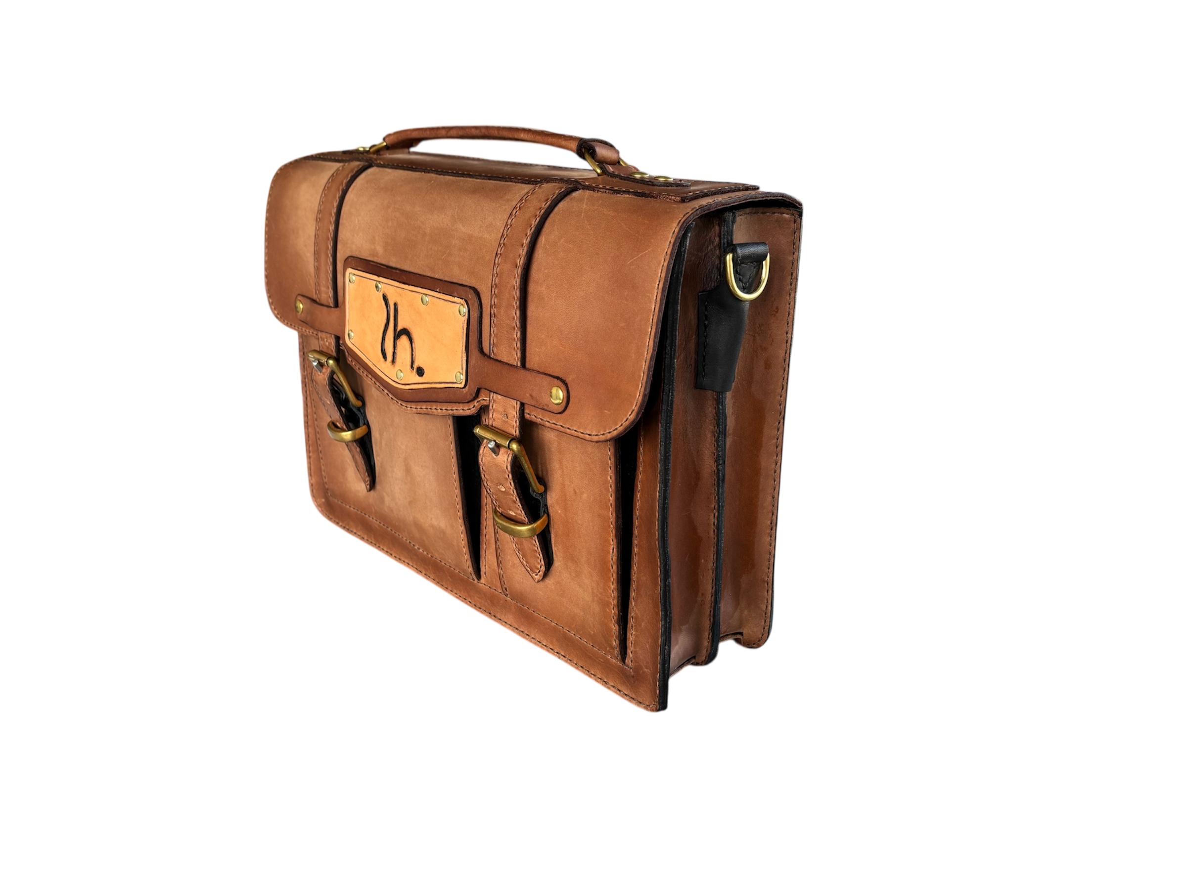 Brown leather briefcase in tough harness pull-up leather custom made for a client.