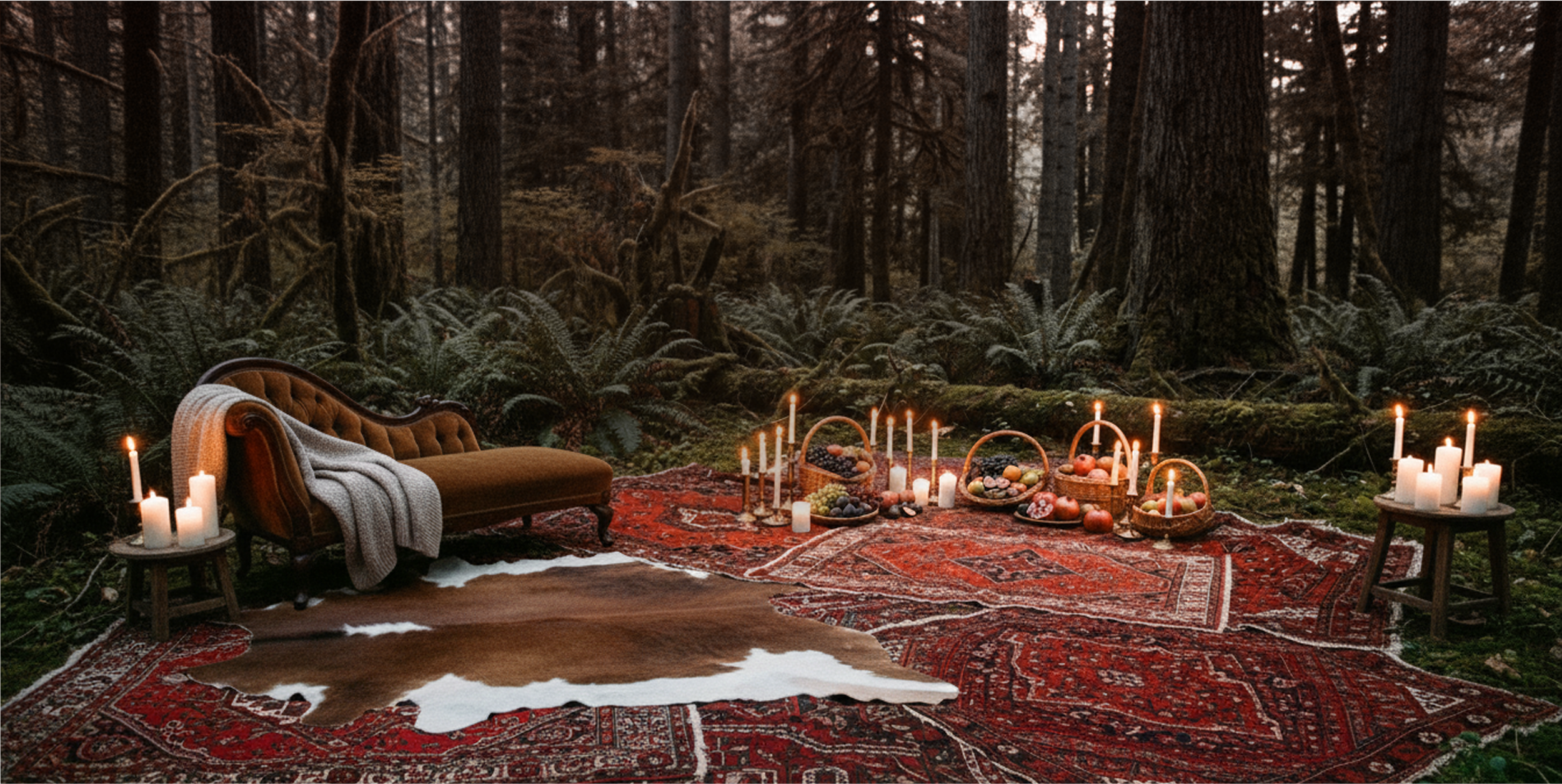 A cozy outdoor setting in a forest featuring a vintage brown velvet sofa with a gray blanket, surrounded by lit candles on small tables and the ground, along with baskets of fruit and illuminated by candlelight, with tall trees and dense foliage in the background.