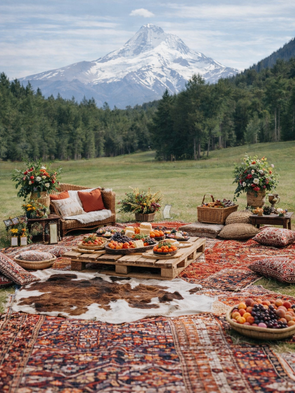 A picnic setup in a grassy area with a view of snow-capped Mount Hood in the background. The scene includes a brown wicker sofa with pillows, colorful rugs and cushions on the ground, and baskets of fruits such as peaches and grapes. There are large flower arrangements in pots.