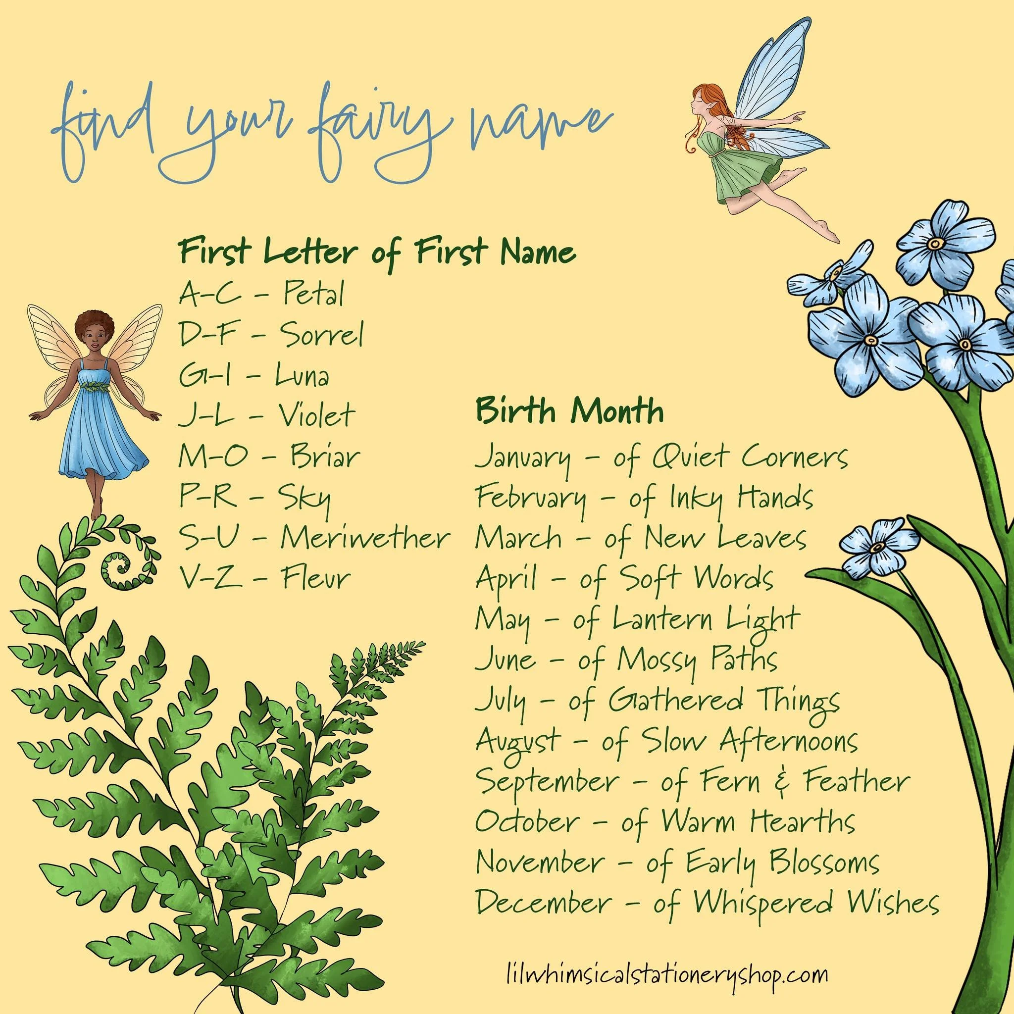 ✨ Find your fairy name ✨
First letter of your name + birth month = your forest title.

Are you Petal of Lantern Light?
Violet of Mossy Paths?
Briar of Quiet Corners?

Drop your fairy name in the comments so we can properly welcome you to the clearing