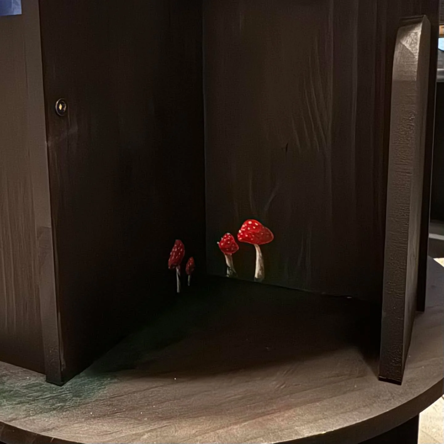 I bought a new bookshelf for my booth.

From the moment I saw it online, I didn&rsquo;t see a plain rack&hellip; I saw mossy paths and little mushrooms growing at the base.

So naturally, I&rsquo;ve started painting it into a tiny forest corner.

Bec