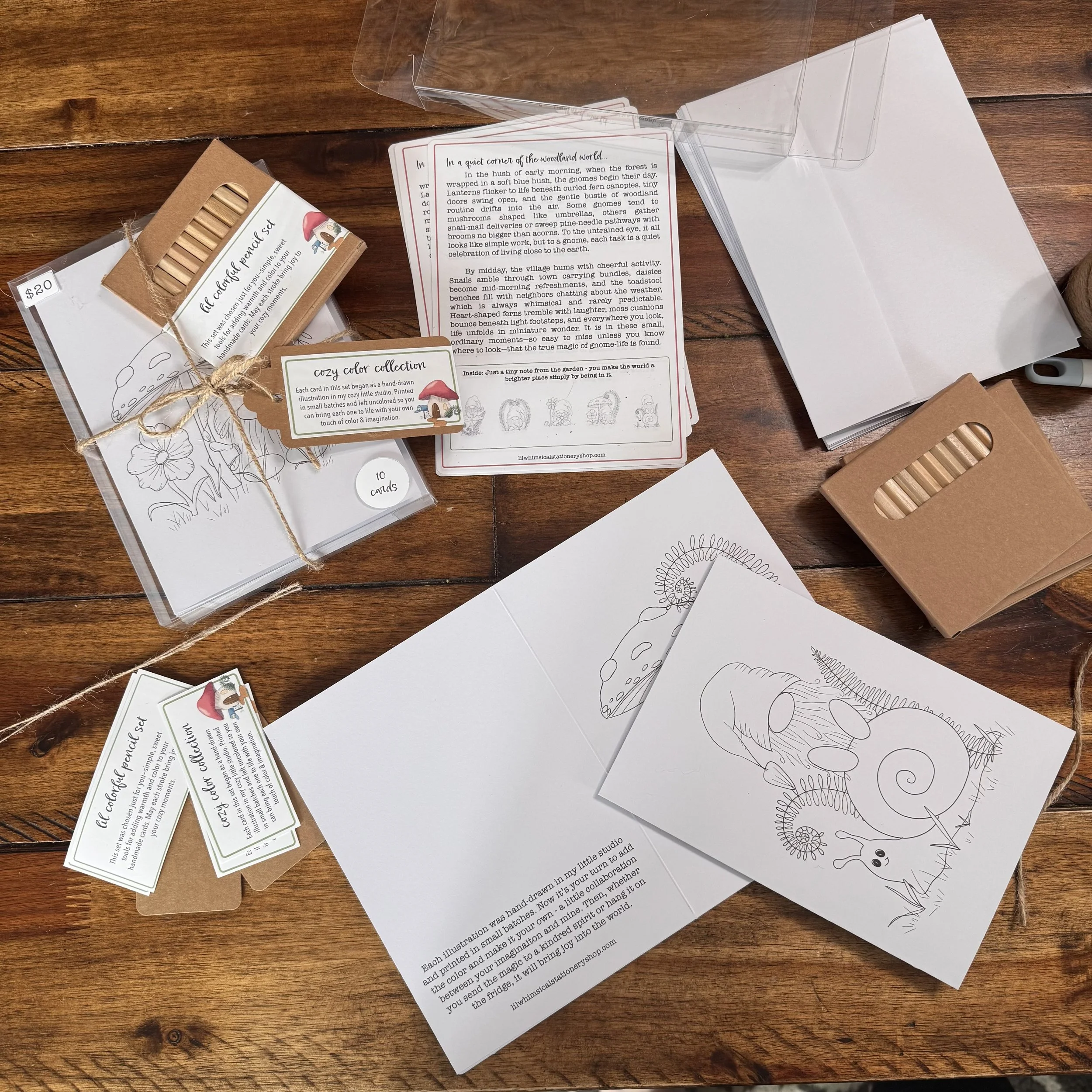 Open craft and stationery supplies on a wooden surface, including coloring sheets with animal illustrations, small boxes of colored pencils, and printed instruction sheets.