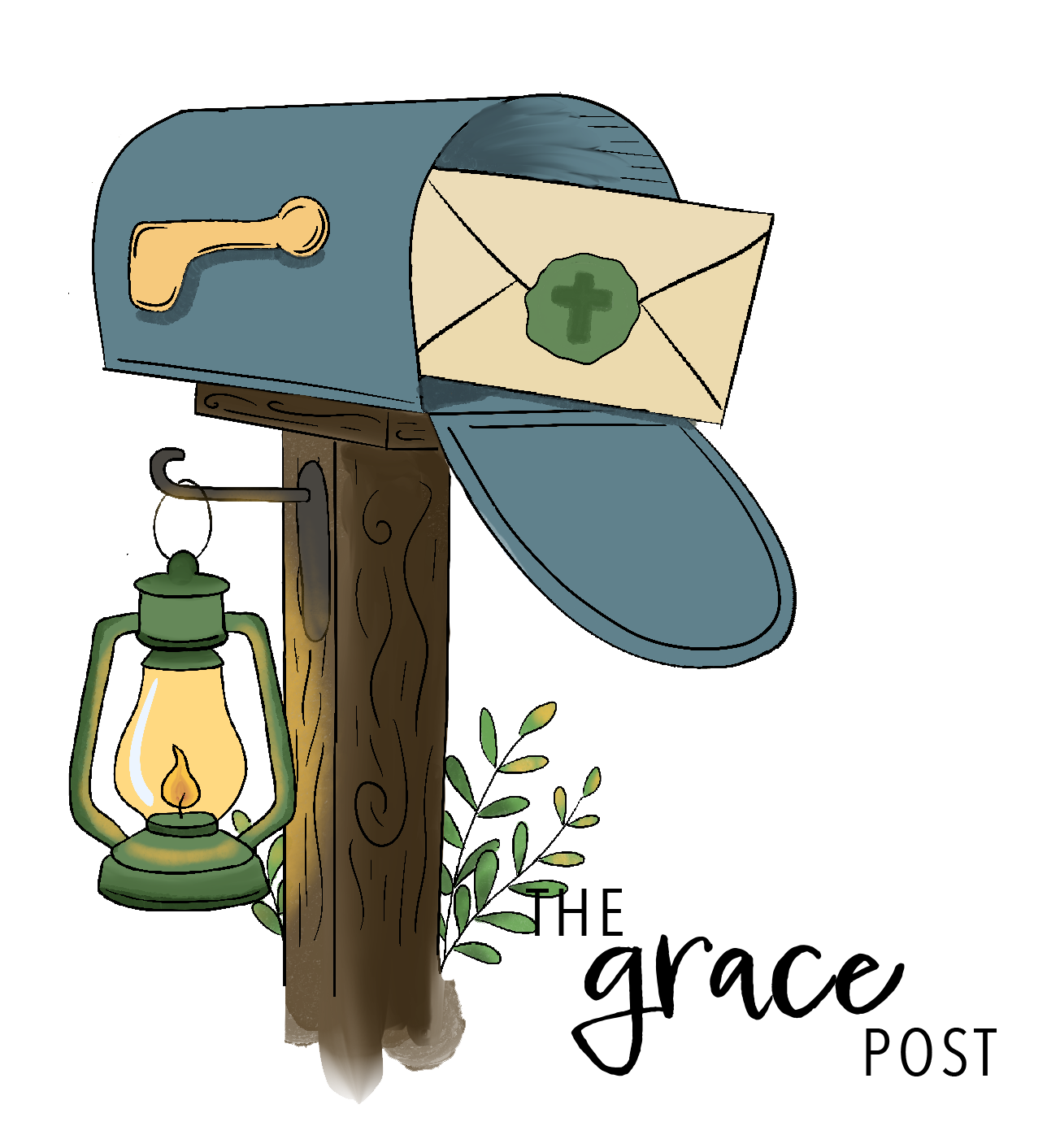A wooden post with a vintage oil lantern hanging on the side, a mailbox mounted on top with a dog bone and an envelope with a cross and a green symbol, and some green leaves at the base of the post.