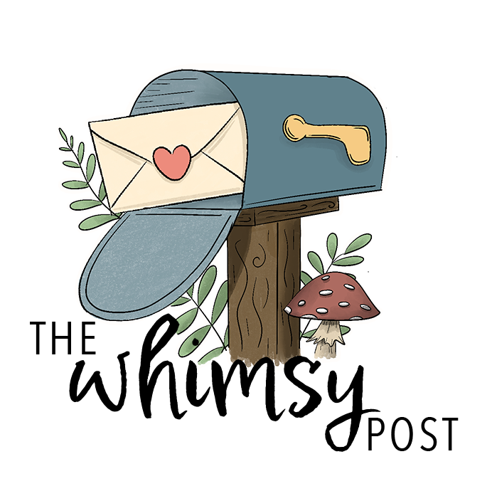 A mailbox with an envelope with a heart seal inside, mounted on a wood post, surrounded by plants and a mushroom, with the text "The Whimsy Post" below.