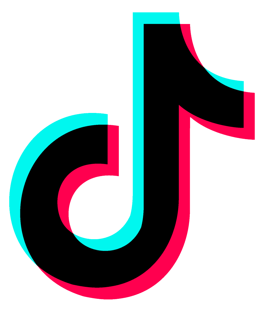 Stylized TikTok logo with bright pink and cyan colors on black background.