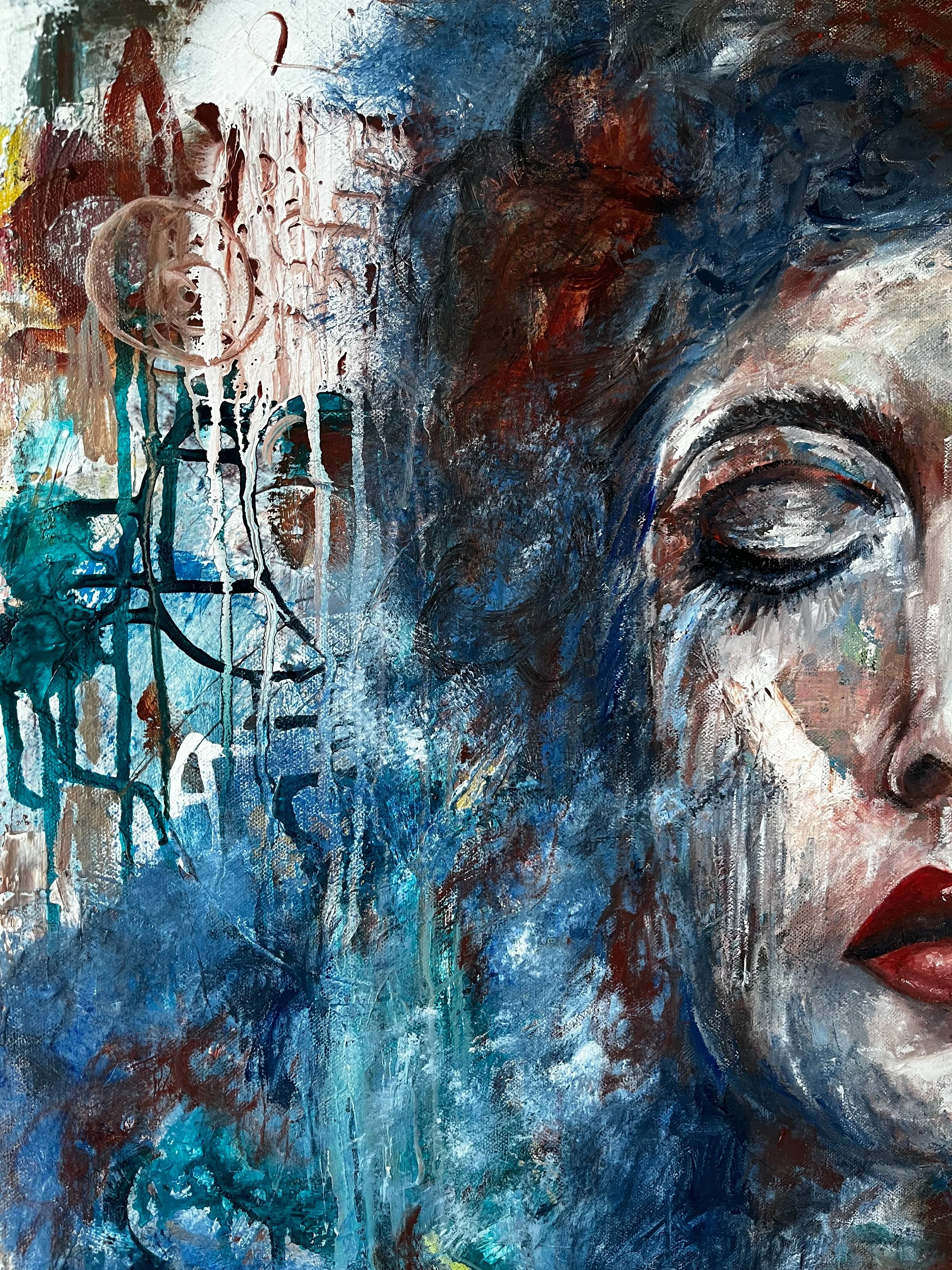 Detail of layered texture and expressive marks in Dreamer by Shamalee Rajapakse