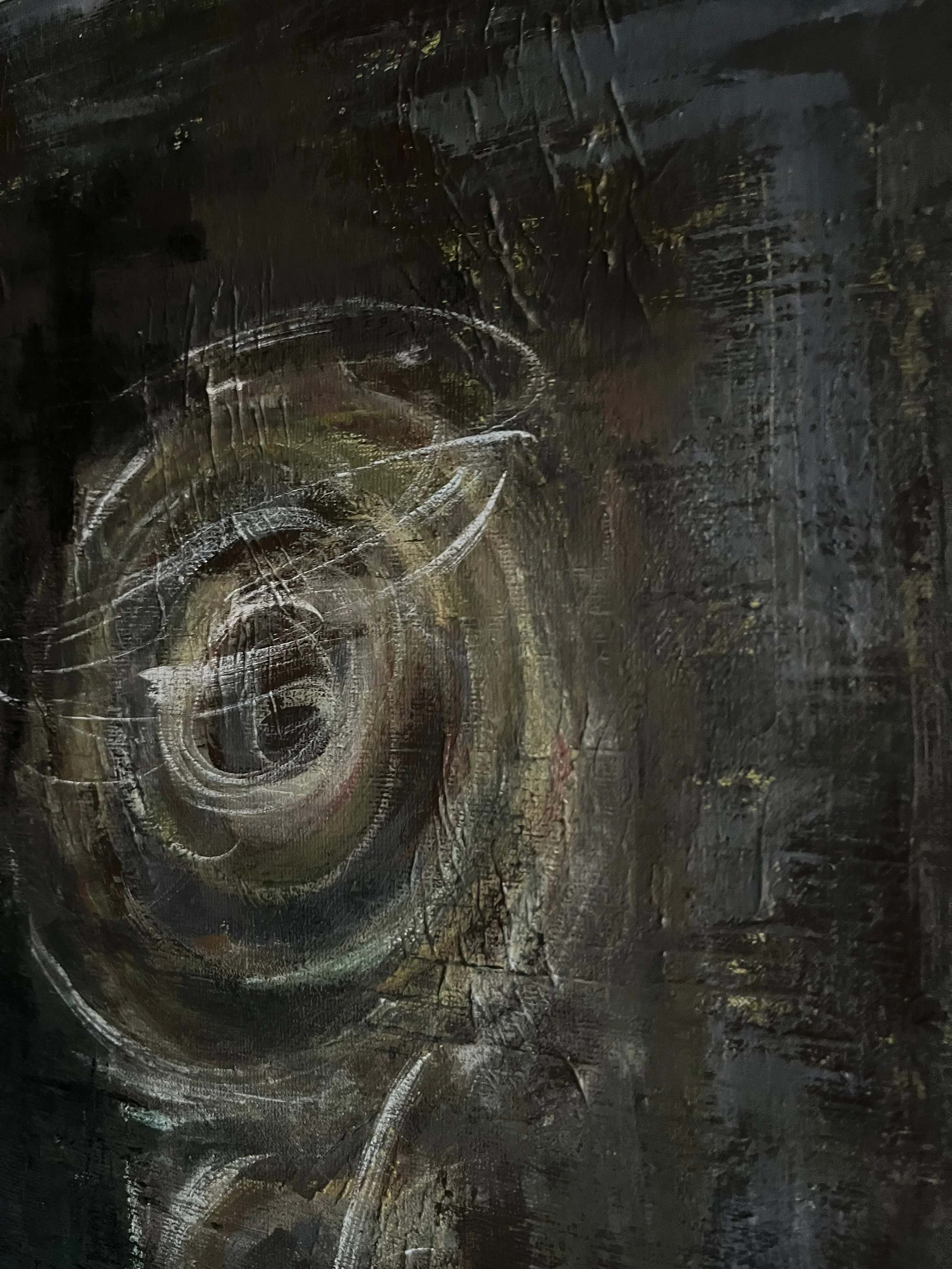 Detail view of dark neutral abstract circle painting on canvas, 20 x 16