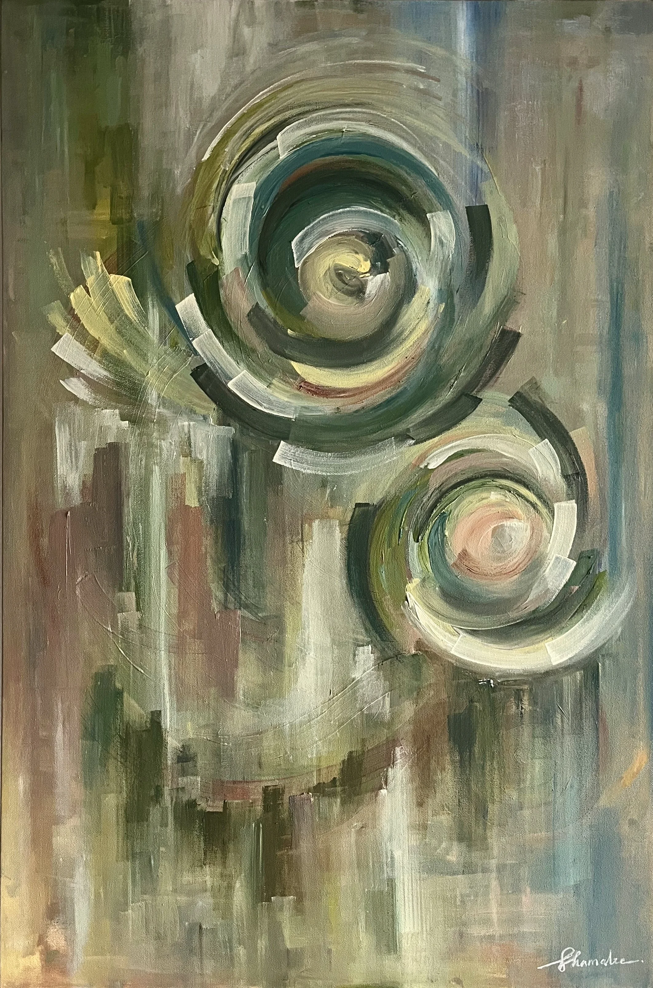 Echo Forms IV, original abstract oil painting by Shamalee Rajapakse, featuring layered olive and green tones with circular forms and directional brushwork creating depth and grounded movement.