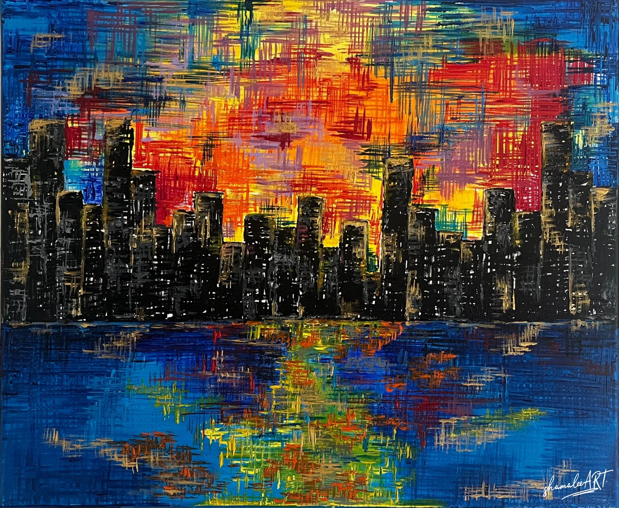 Twilight sold original acrylic cityscape-inspired abstract painting on canvas by Shamalee Rajapakse, 16x20 inches