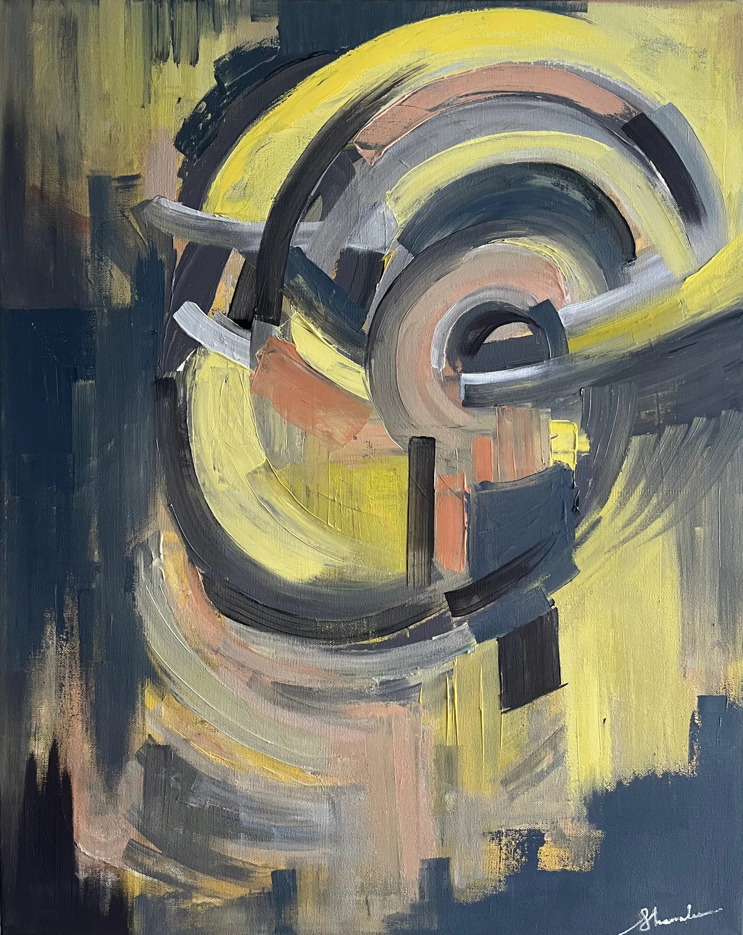 Echo Forms V by Shamalee Rajapakse, original abstract oil painting on canvas, 30 x 24 inches, featuring layered circular forms in yellow, grey, and neutral tones