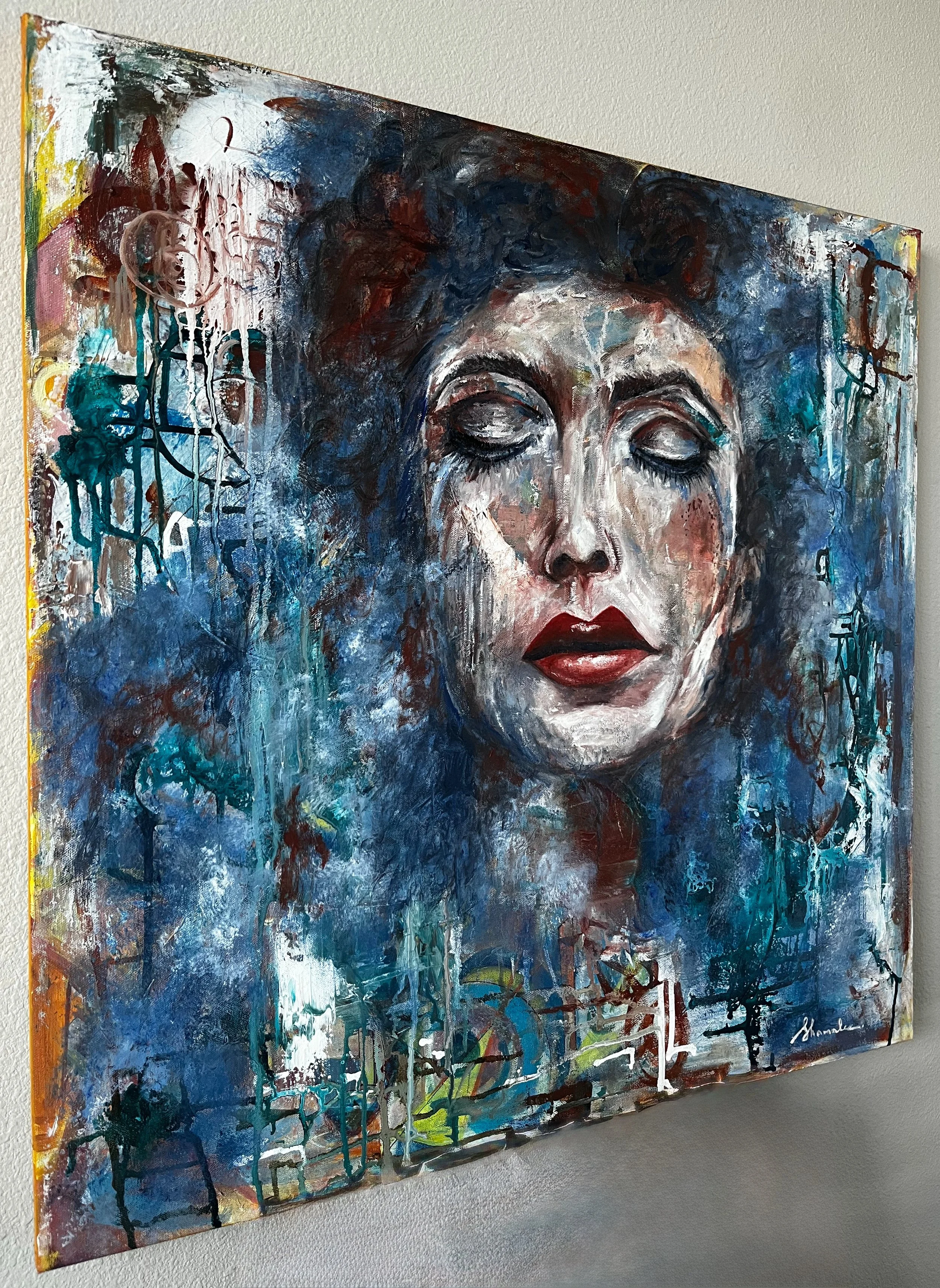 Side view of Dreamer, 30 × 30 inch mixed-media painting by Shamalee Rajapakse