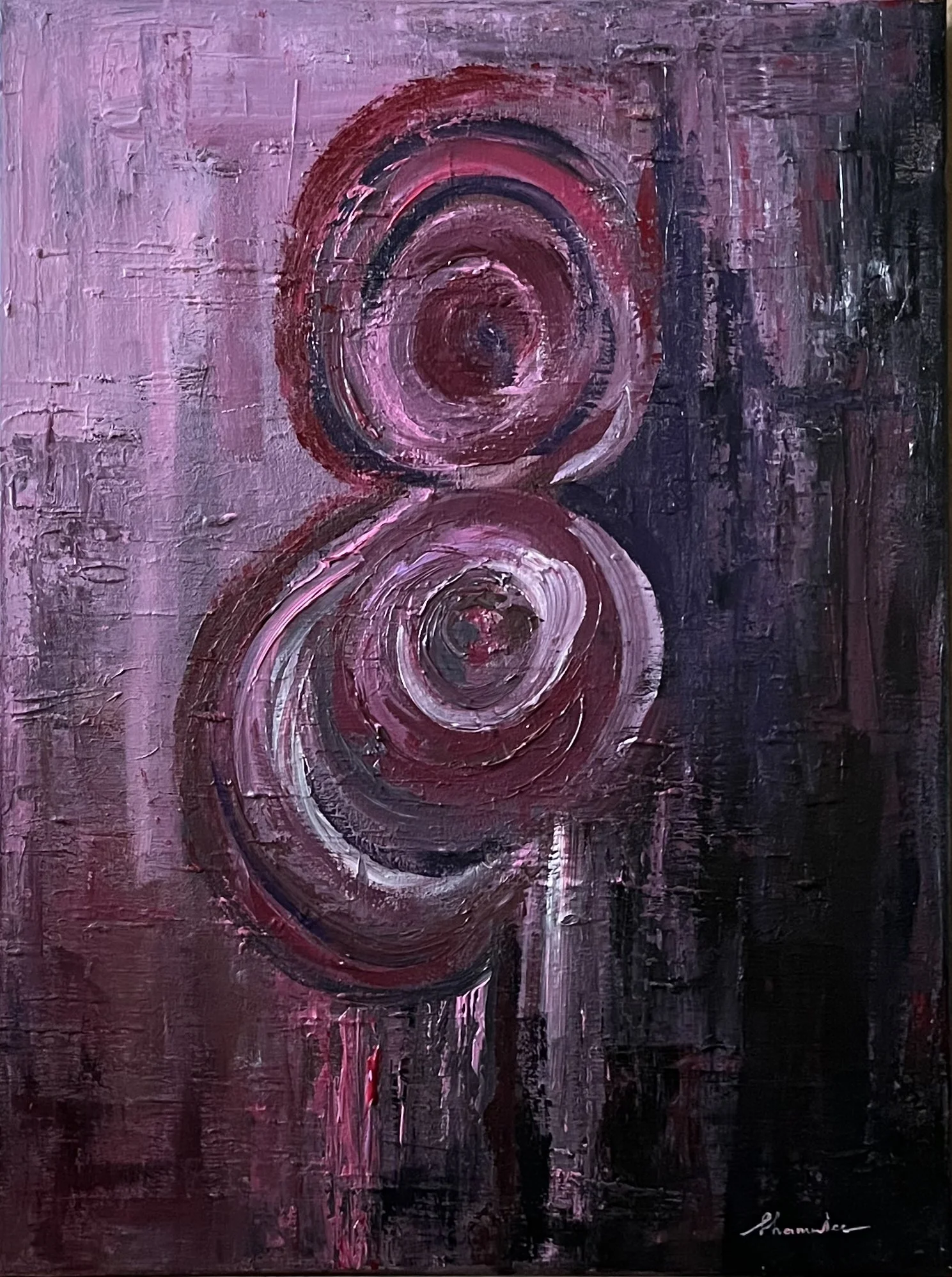 Plum and mauve abstract circle painting on canvas with layered circular forms and textured dark background, contemporary acrylic artwork, 24 × 18, Echo Forms III – Care by Shamalee Rajapakse.