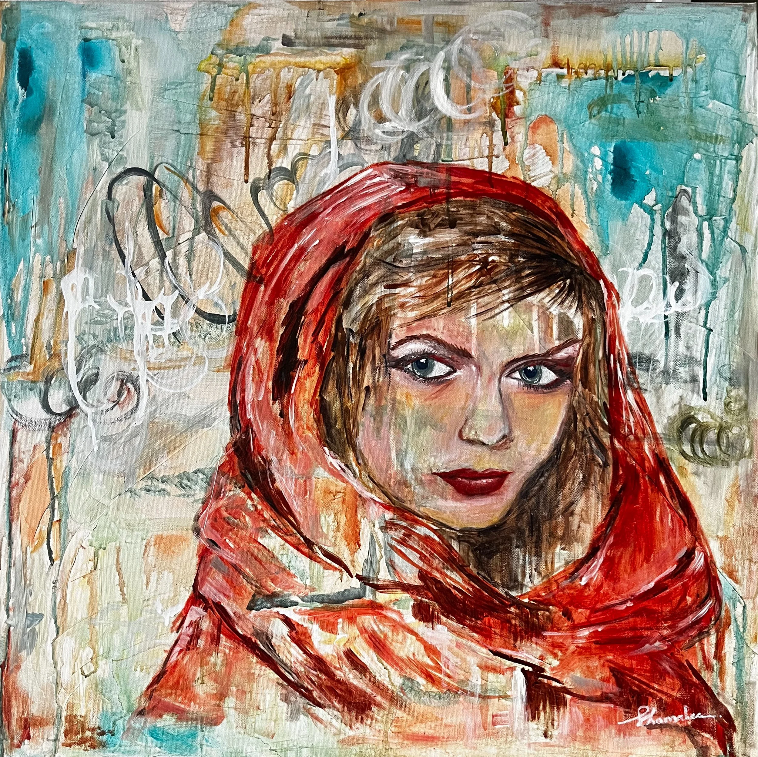 Guarded, original abstract realism portrait of a woman in a red head covering by Shamalee Rajapakse