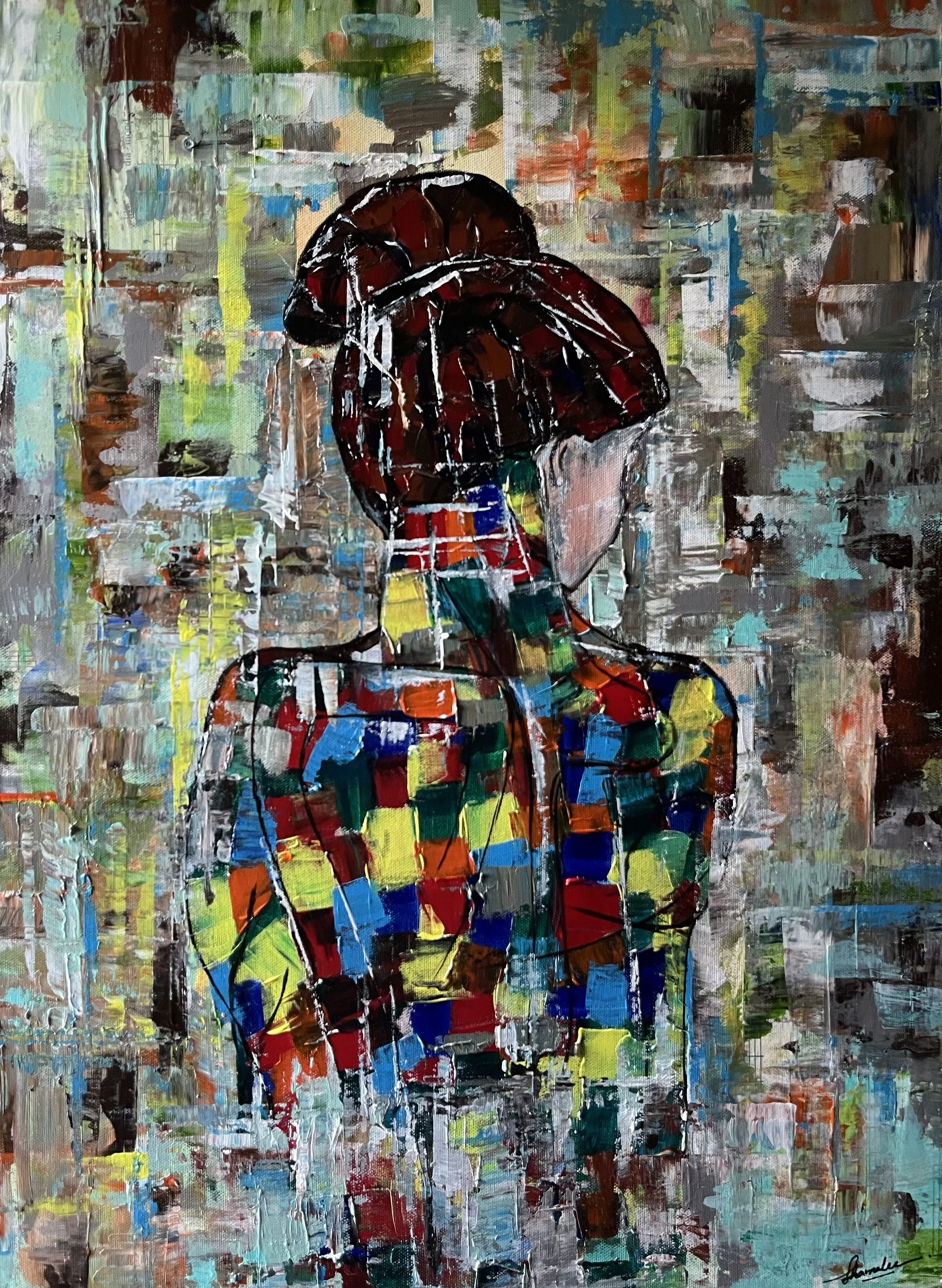 Whispers of a Lady by Shamalee Rajapakse, original abstract figurative painting featuring a contemplative female figure with expressive brushwork, layered textures, and vibrant colors on a 18 × 24 inch canvas.