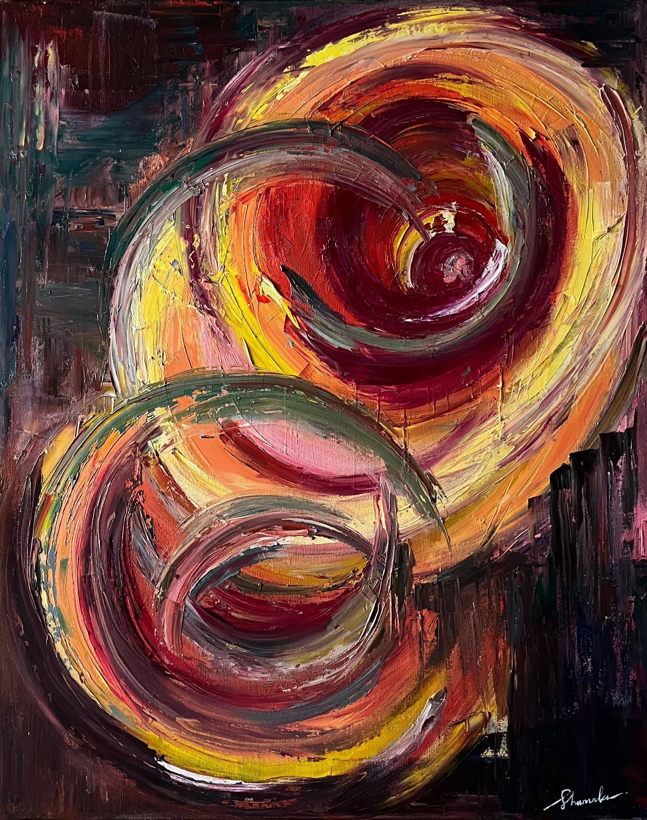 Warm red and neutral abstract oil painting with layered circular forms on canvas, 24 x 30, Echo Forms VII – Unfolding by Shamalee Rajapakse