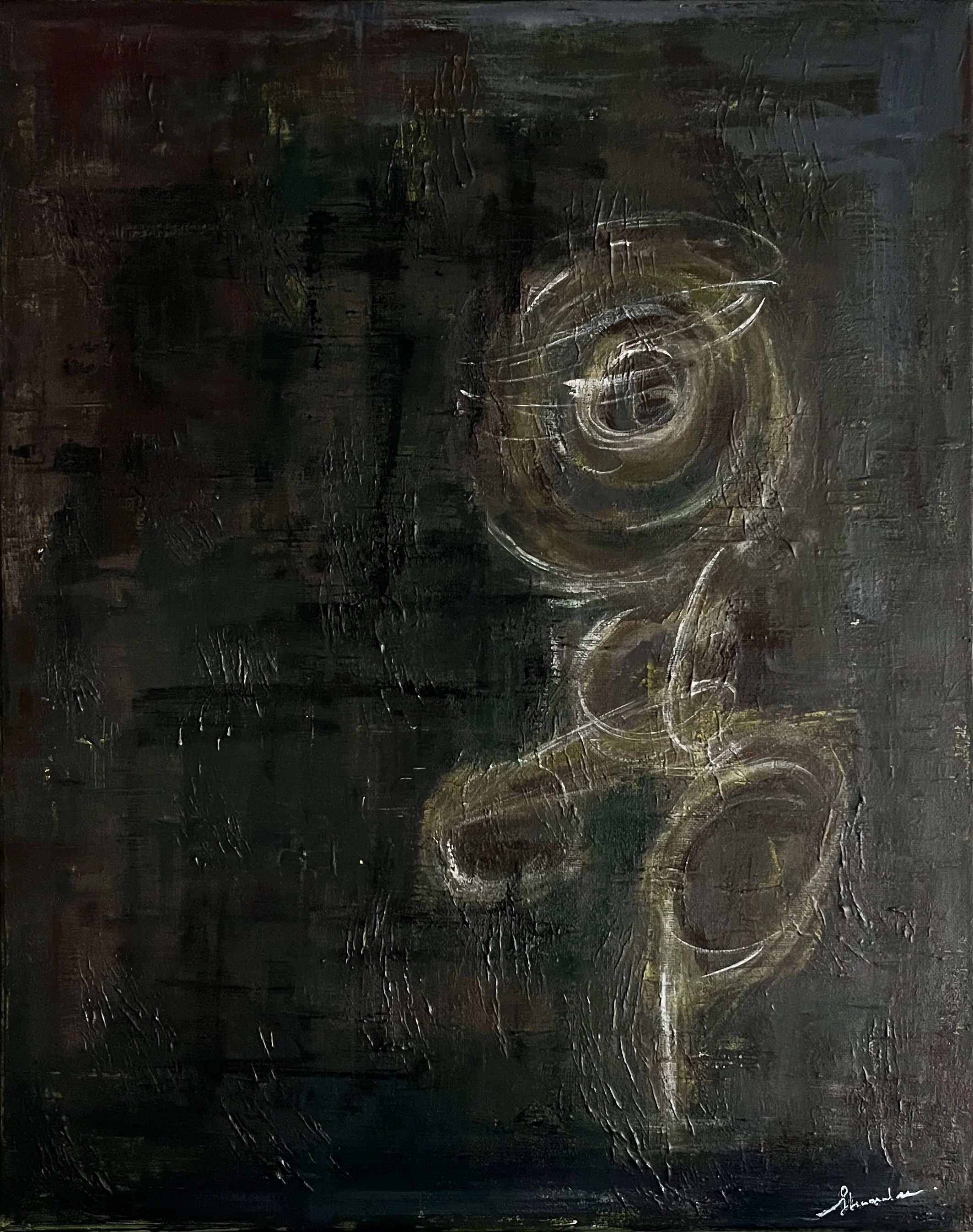 Dark neutral abstract circle painting on canvas, 20 x 16