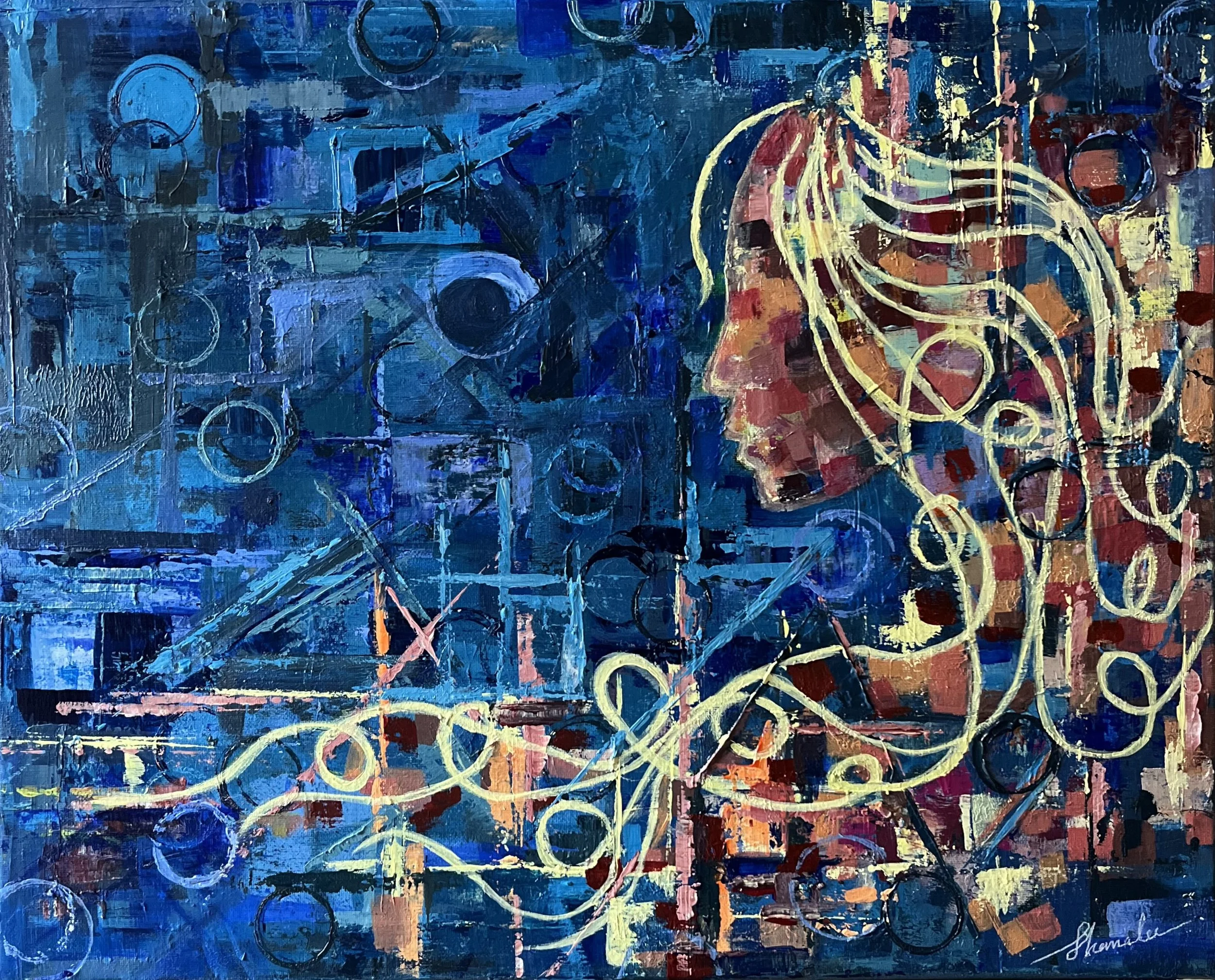Lady in the blue maze by Shamalee Rajapakse, acrylic and mixed media on canvas, 2025