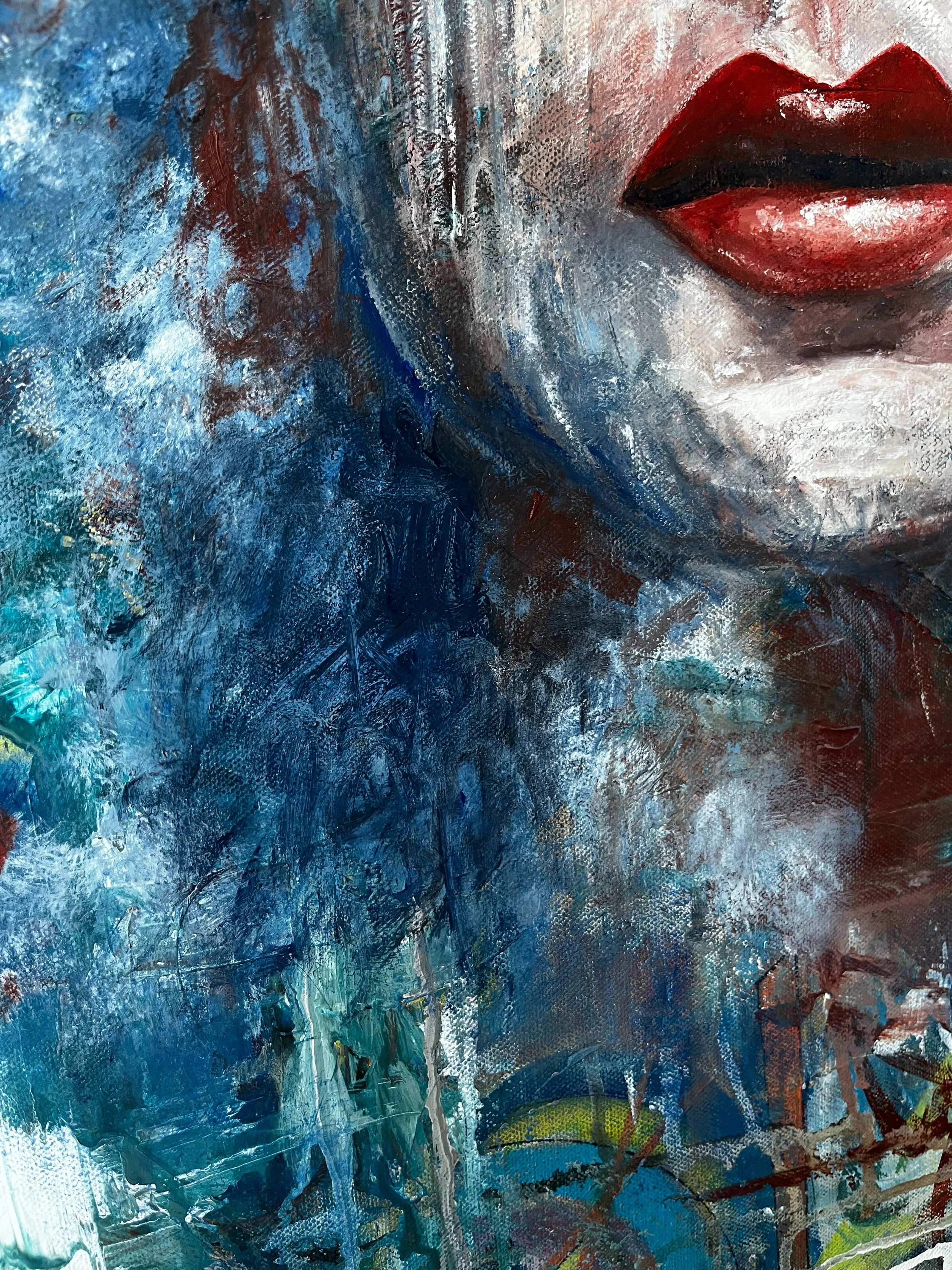 Close-up detail of Dreamer showing layered paint, texture, and abstract marks