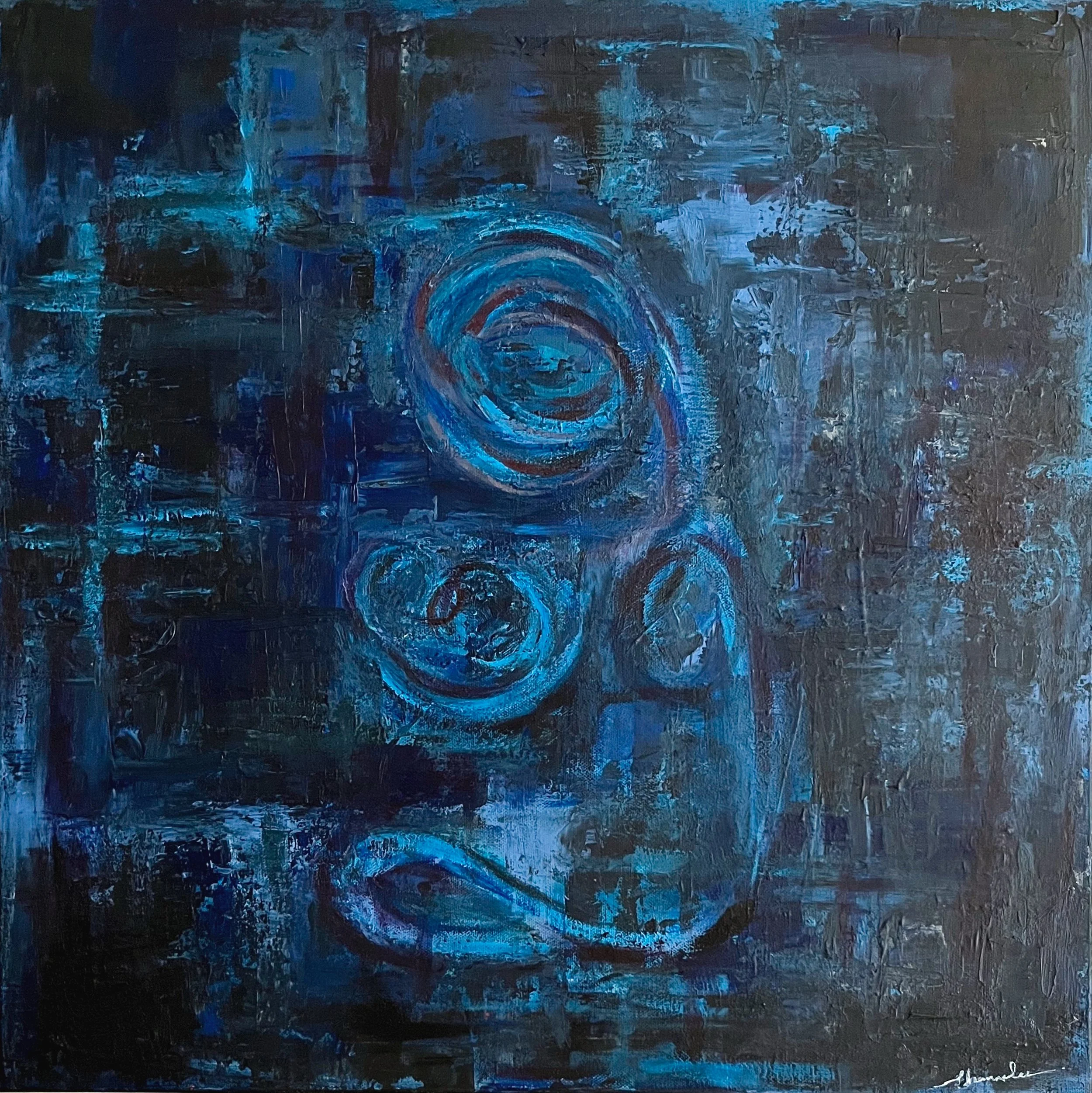 Echo Forms I, original abstract acrylic painting by Shamalee Rajapakse, featuring layered blue tones with gestural circular forms and textured surface creating depth and quiet movement.