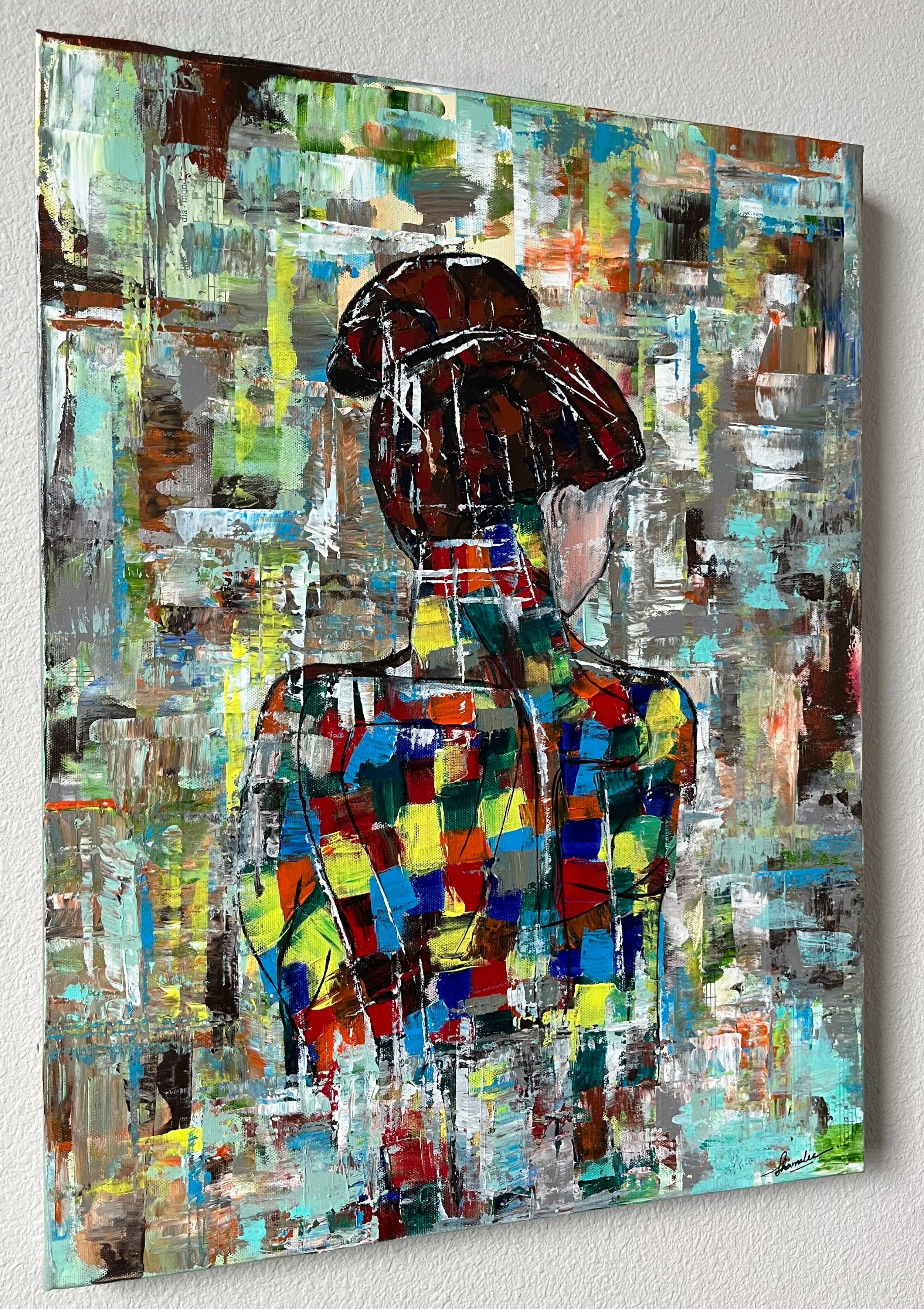 Angled view of soft feminine figurative painting on canvas, 24 x 18