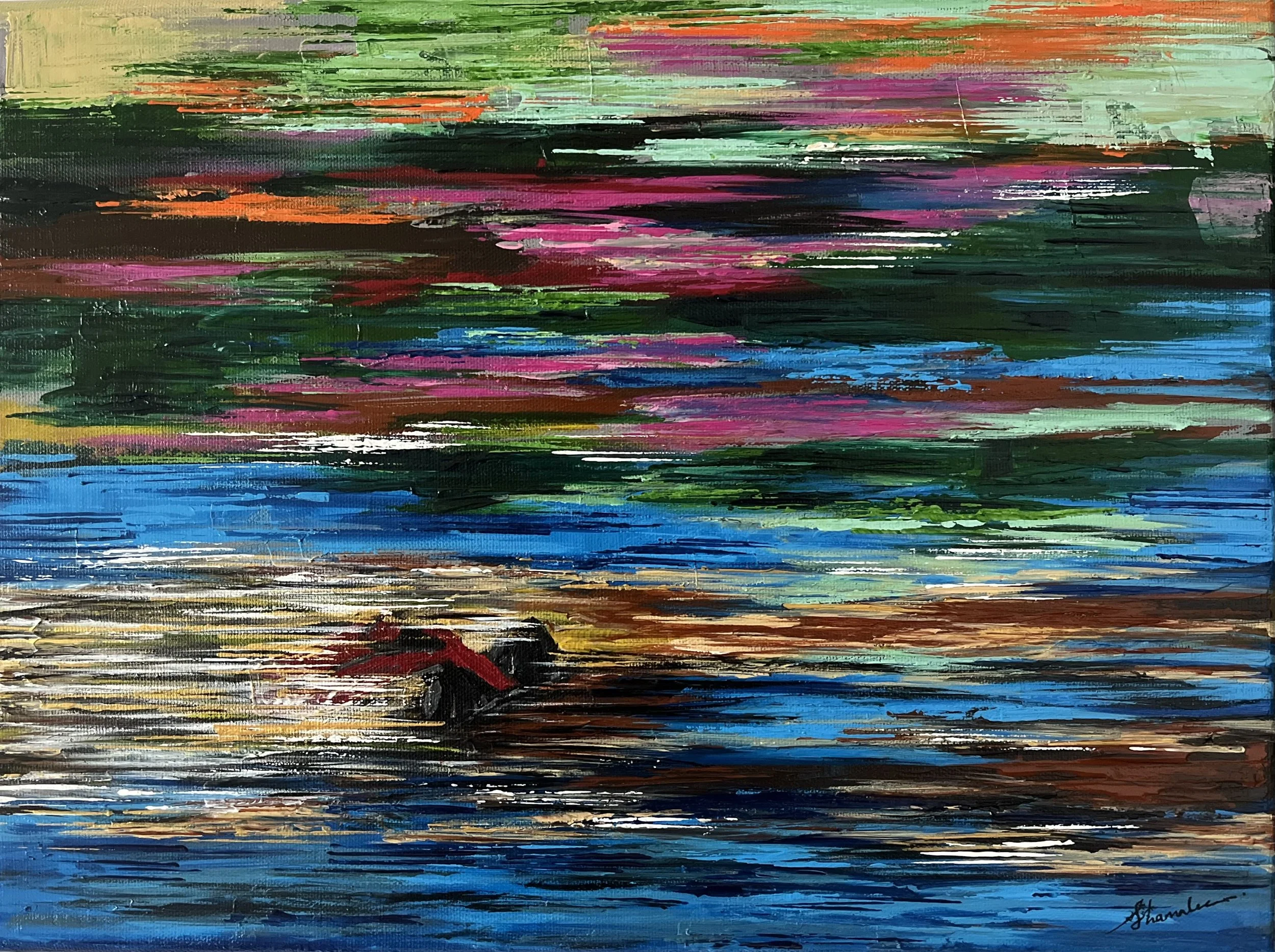 Racing the horizon by Shamalee Rajapakse, acrylic on canvas, 2025