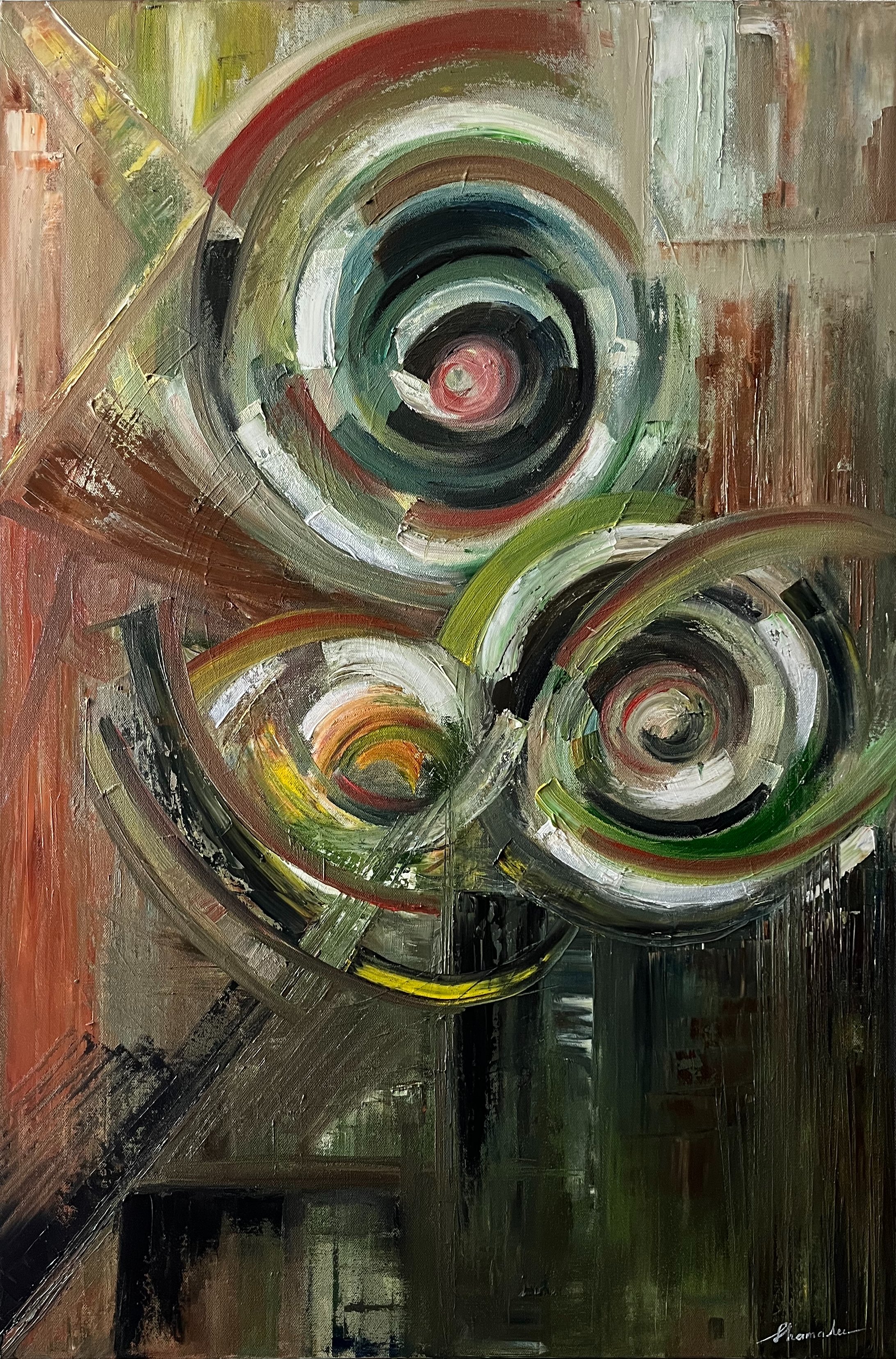 Earthy green and neutral abstract oil painting with layered circular forms and atmospheric texture on canvas, 24 x 36, Echo Forms VI – Seeing by Shamalee Rajapakse
