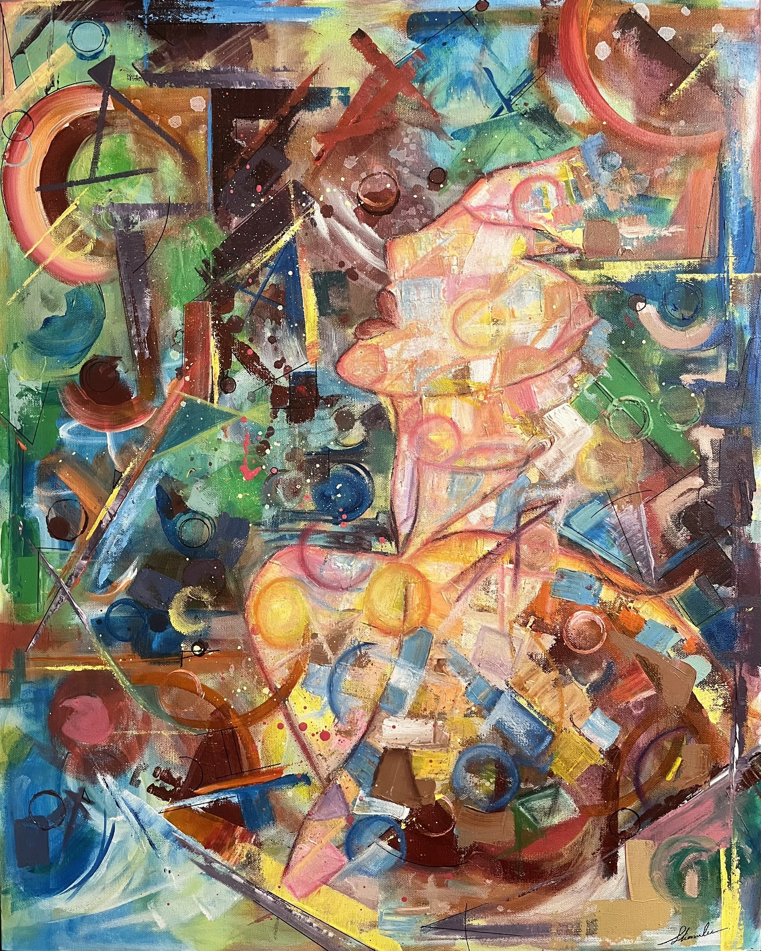 Fragments of Motion, original abstract figurative painting by Shamalee Rajapakse. Expressive layered acrylic and mixed media on a 24 × 30 inch canvas with dynamic movement, rich texture, and warm earth tones.