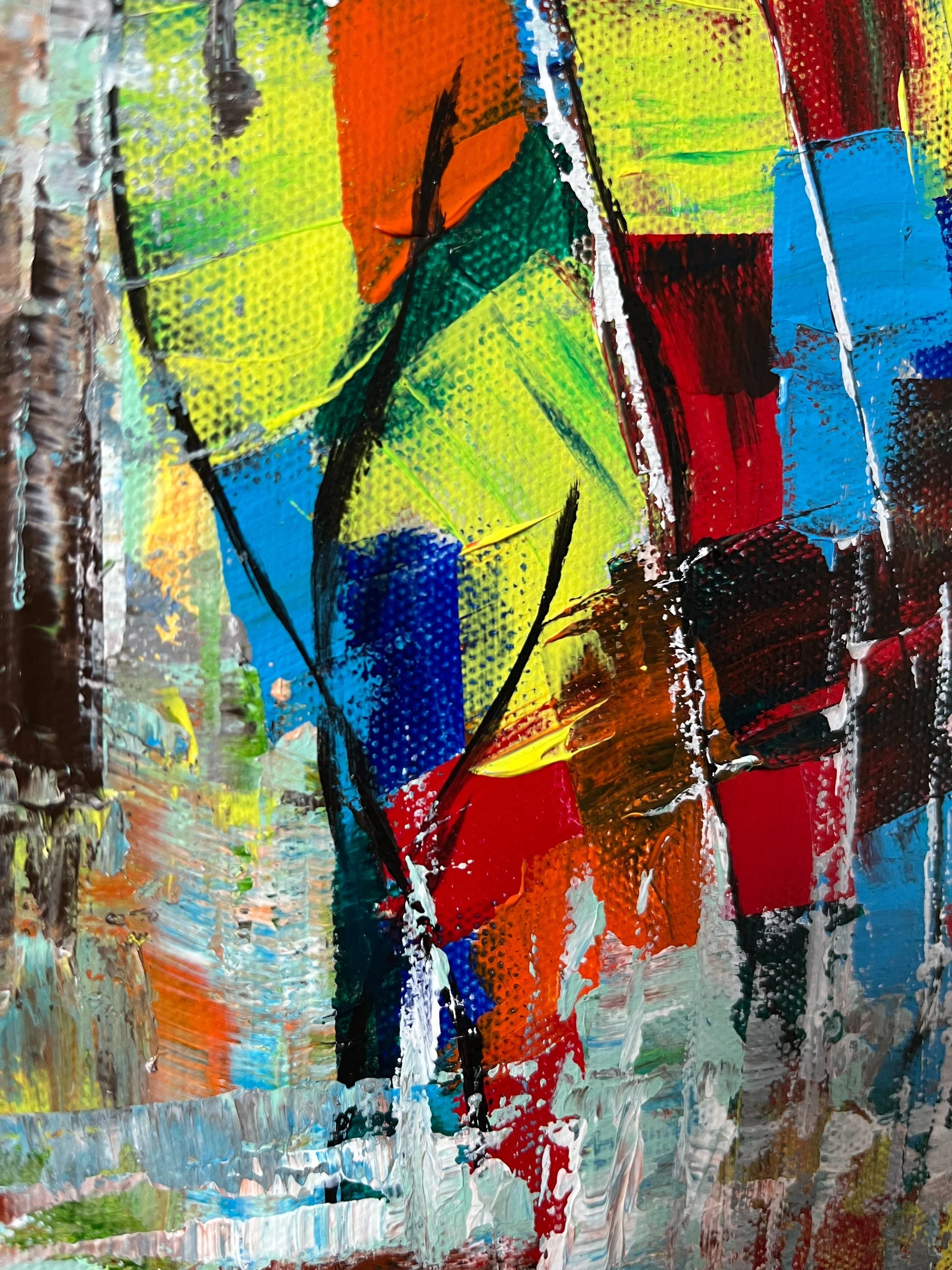 Detail view of colorful abstract textures in figurative painting on canvas, 24 x 18