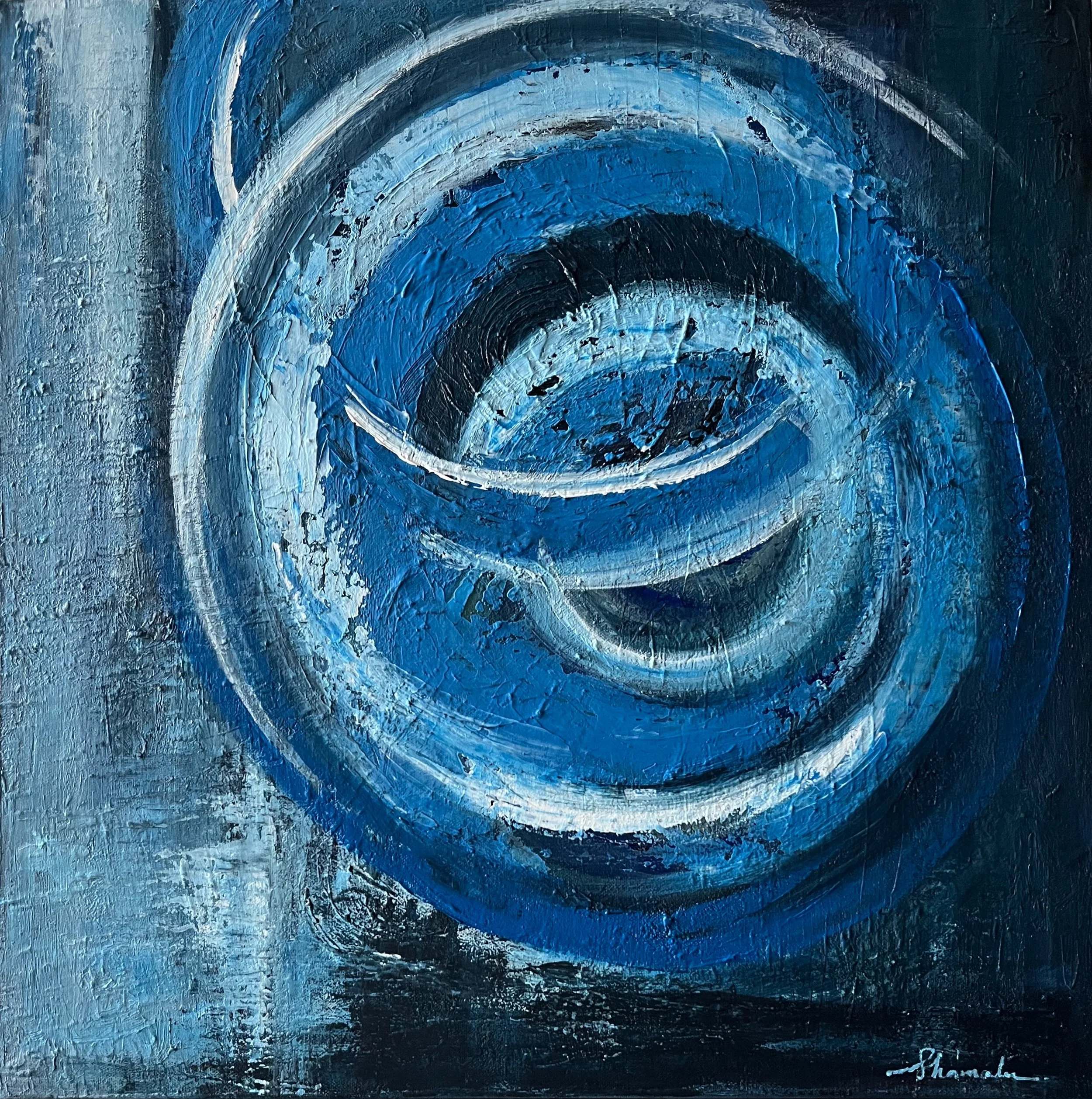 Echo Forms VIII – Stillness, original abstract acrylic painting by Shamalee Rajapakse featuring layered circular forms in deep blue, white, and charcoal tones on a 20 × 20 inch canvas.