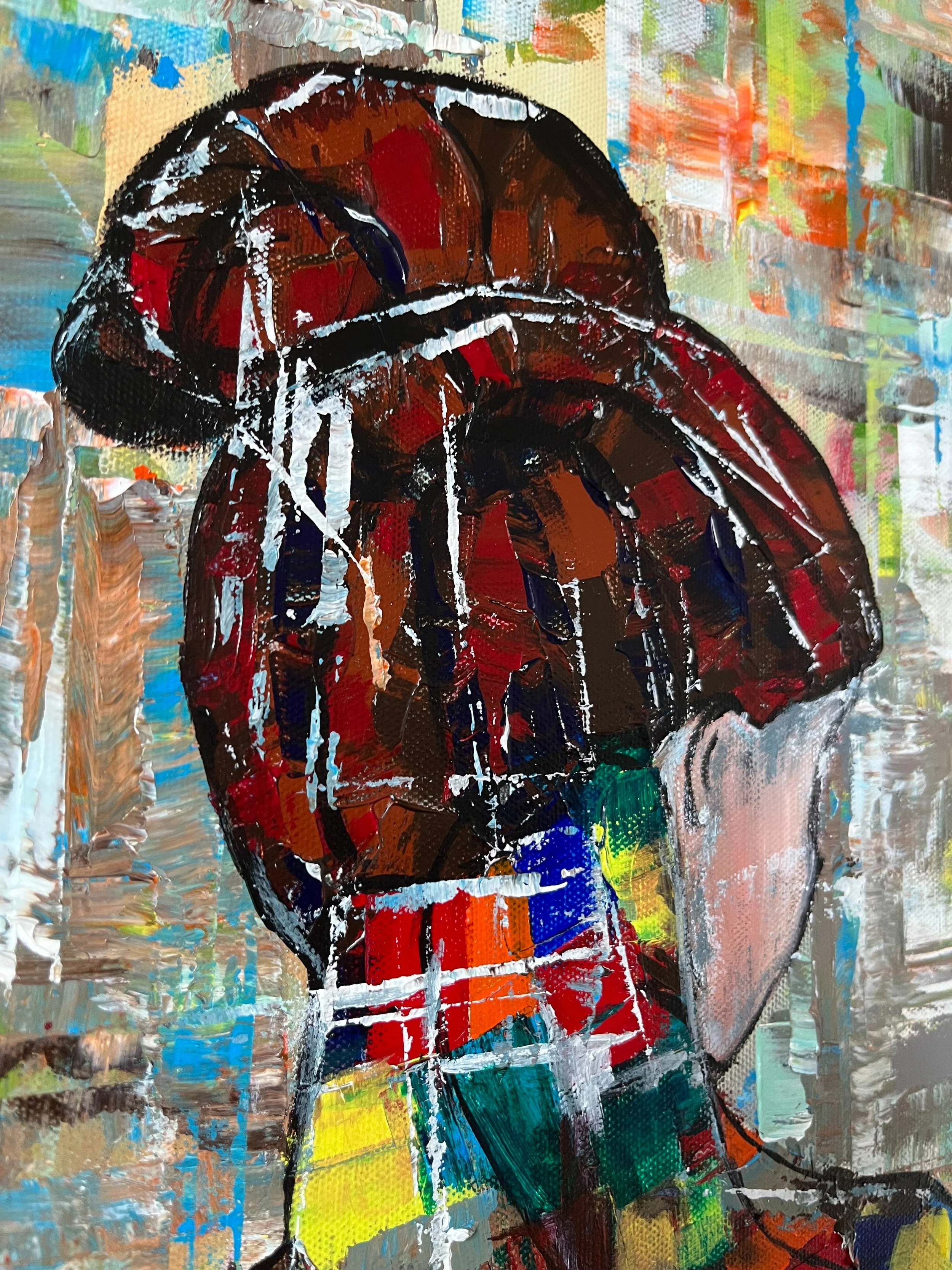 Close-up of feminine figurative painting showing texture and brushwork, 24 x 18