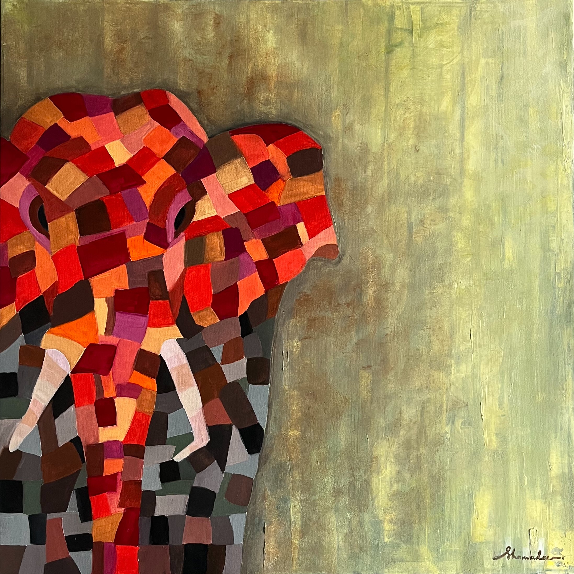 Original Red Abstract Elephant Oil Painting on Canvas, 30 × 30 – Silent Forms II – Presence