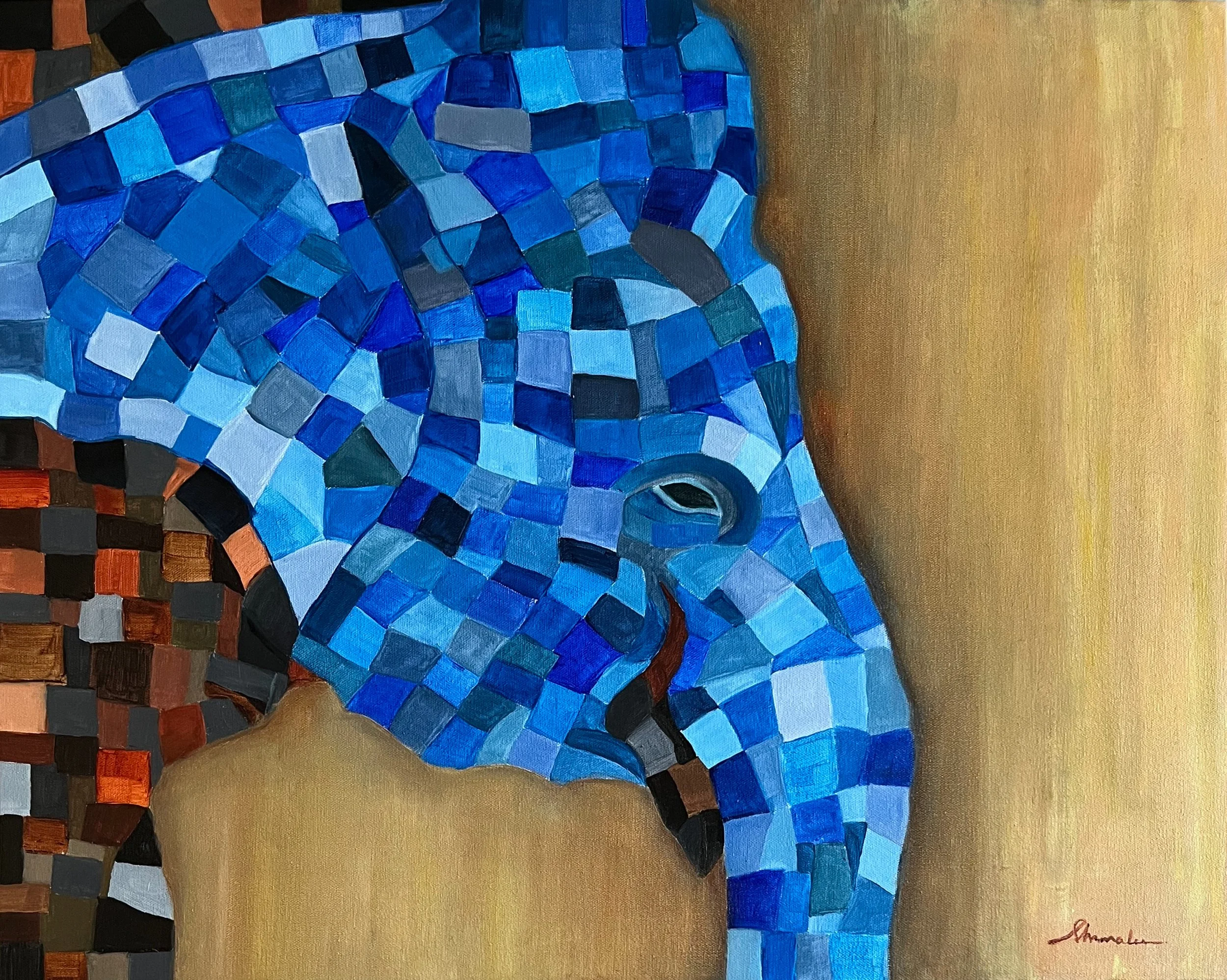 Silent Forms I – Reflection, original abstract elephant painting in blue tones by Shamalee Rajapakse, acrylic on canvas, 30 × 24 inches.