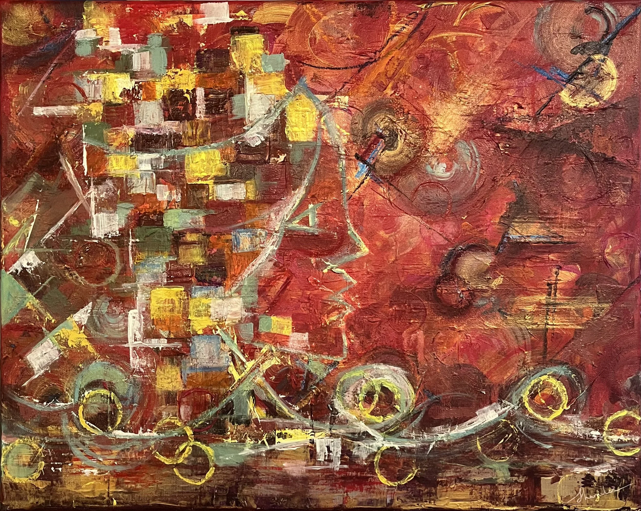 Rhythms in crimson by Shamalee Rajapakse, acrylic and mixed media on canvas, 2025