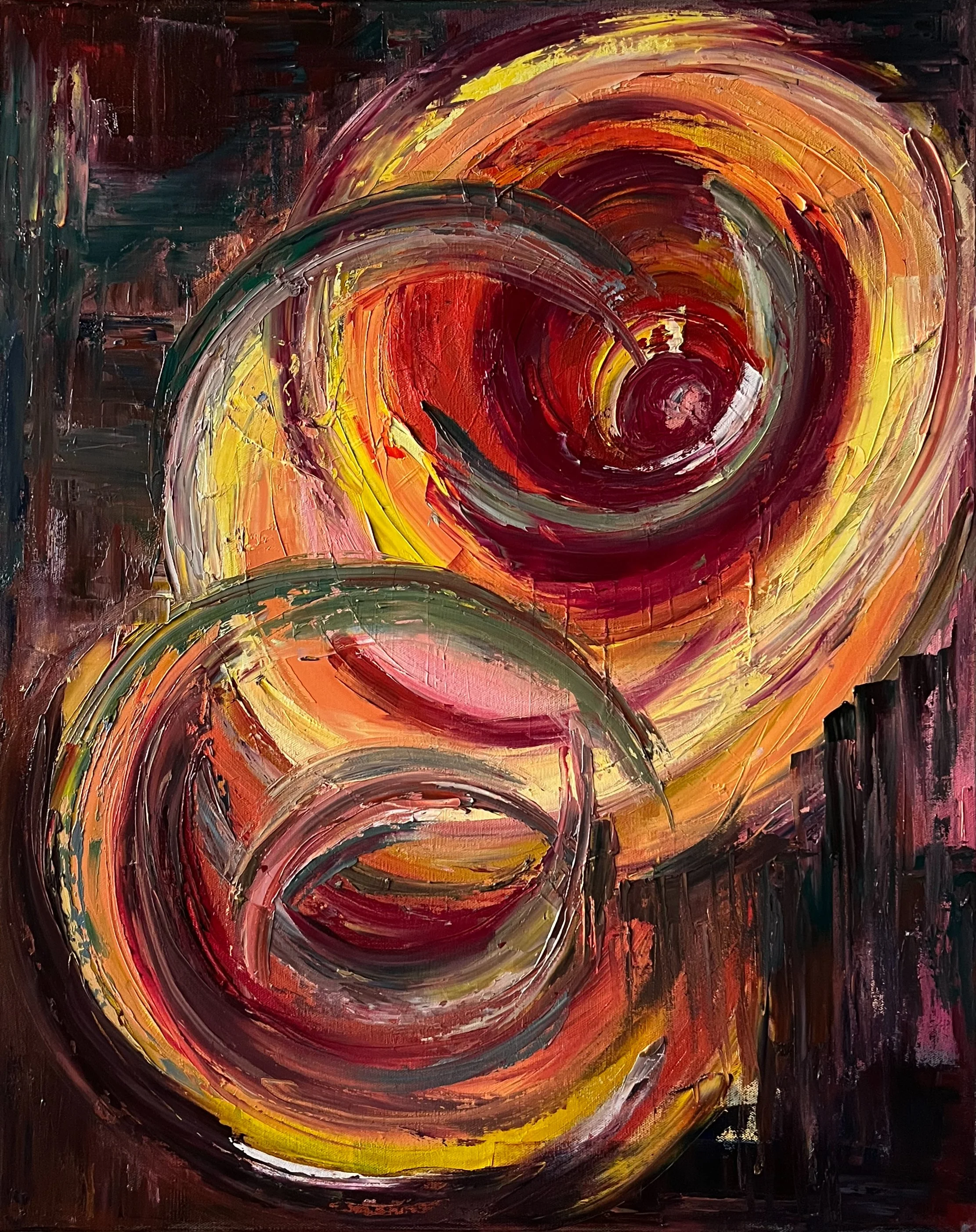 Warm red abstract circular painting by Shamalee Rajapakse