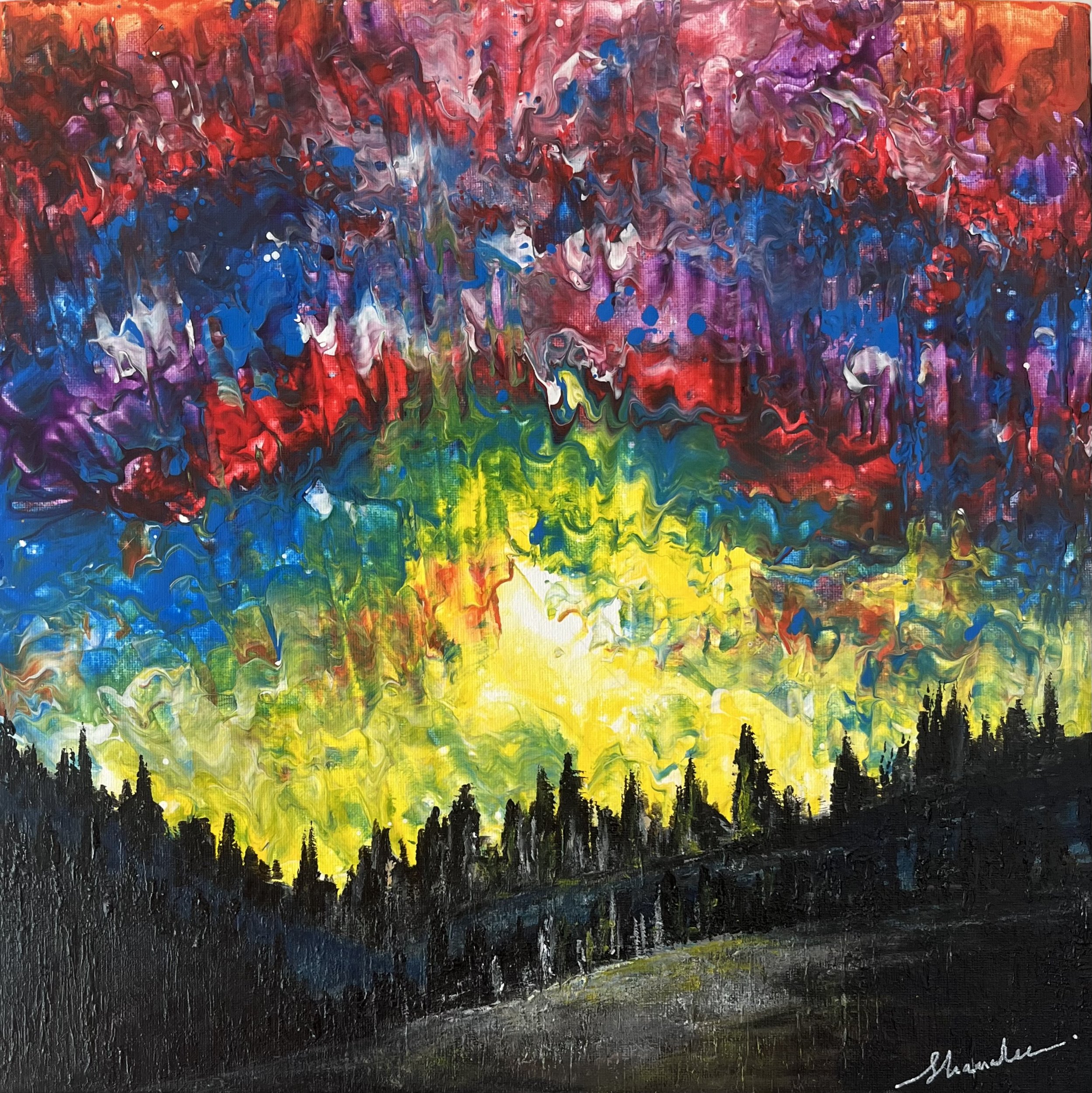 Sunset over trees by Shamalee Rajapakse, acrylic and mixed media on canvas, 2025