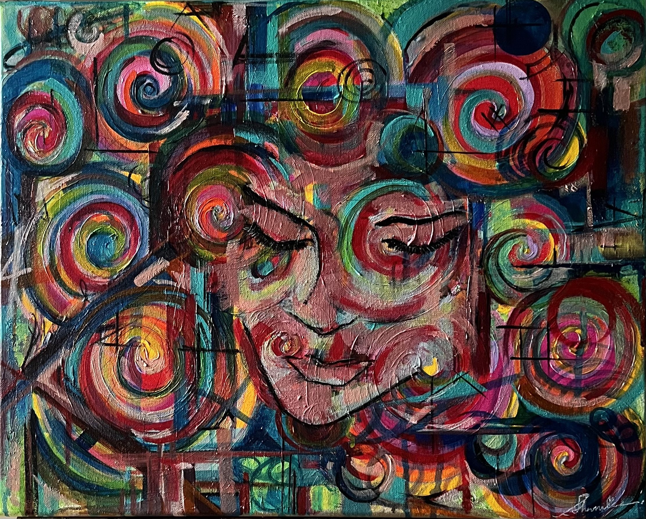 Girl in the swirl by Shamalee Rajapakse, acrylic and mixed media on canvas, 2025