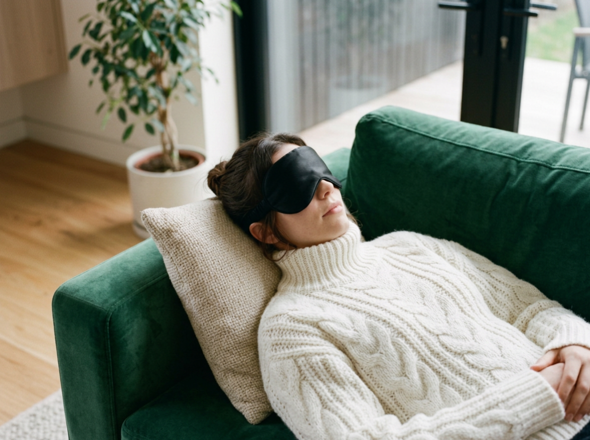 A woman with brown hair lying on a green sofa, wearing a white cable knit turtleneck sweater and a black sleep mask, resting with her hands on her stomach.